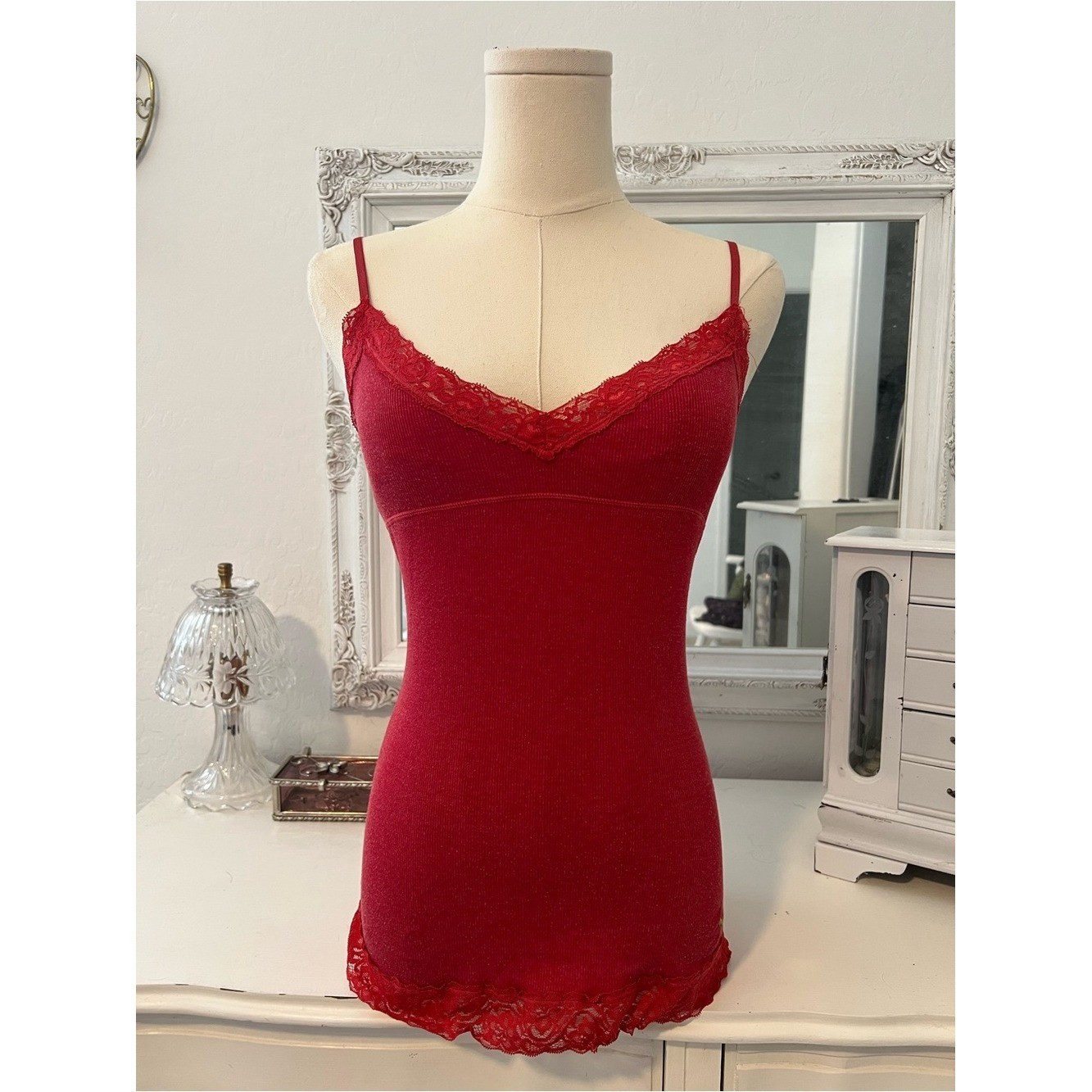 vintage victoria&rsquo;s secret pink red lace babydoll cami tank top