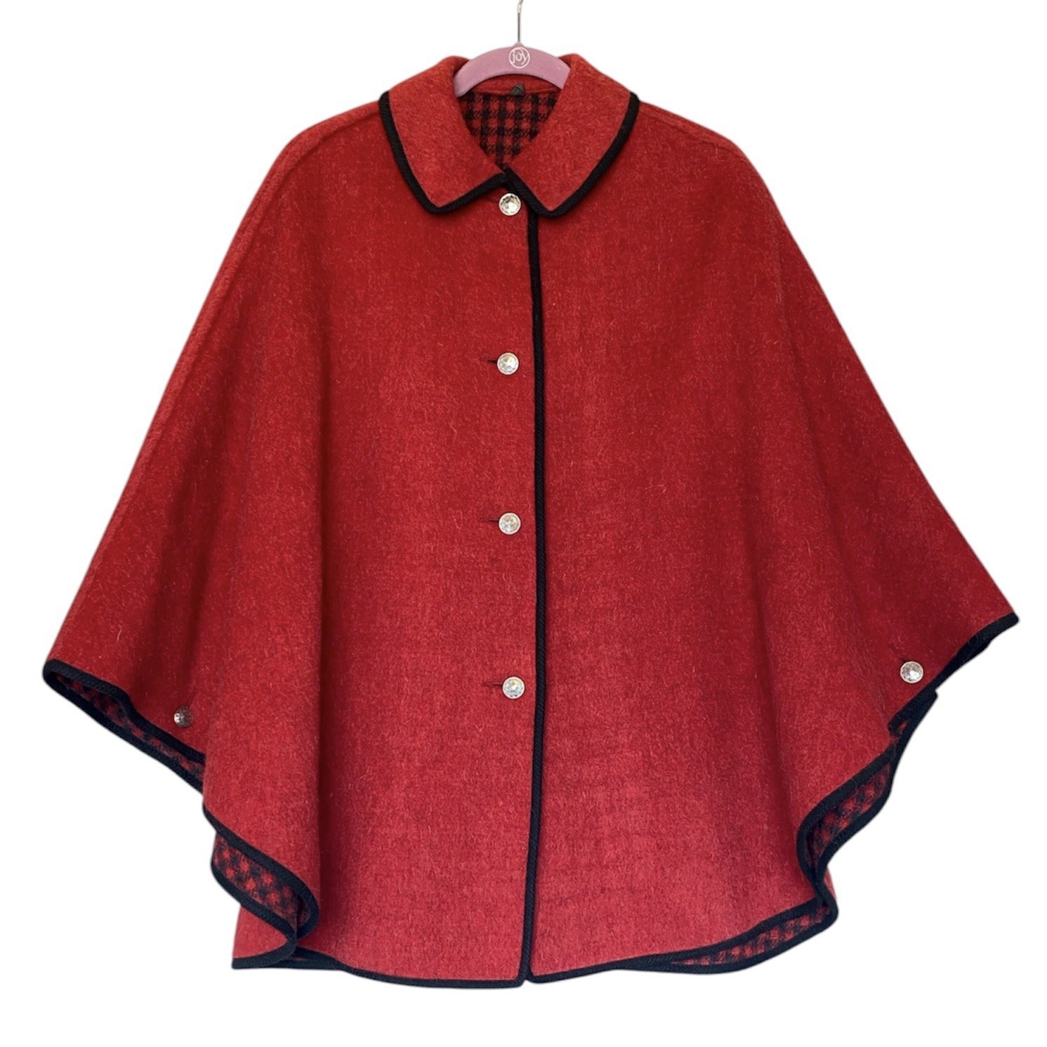 Vintage Wool Cape Red Black Reversible Solid Tartan Plaid Cloak Austrian Buttons