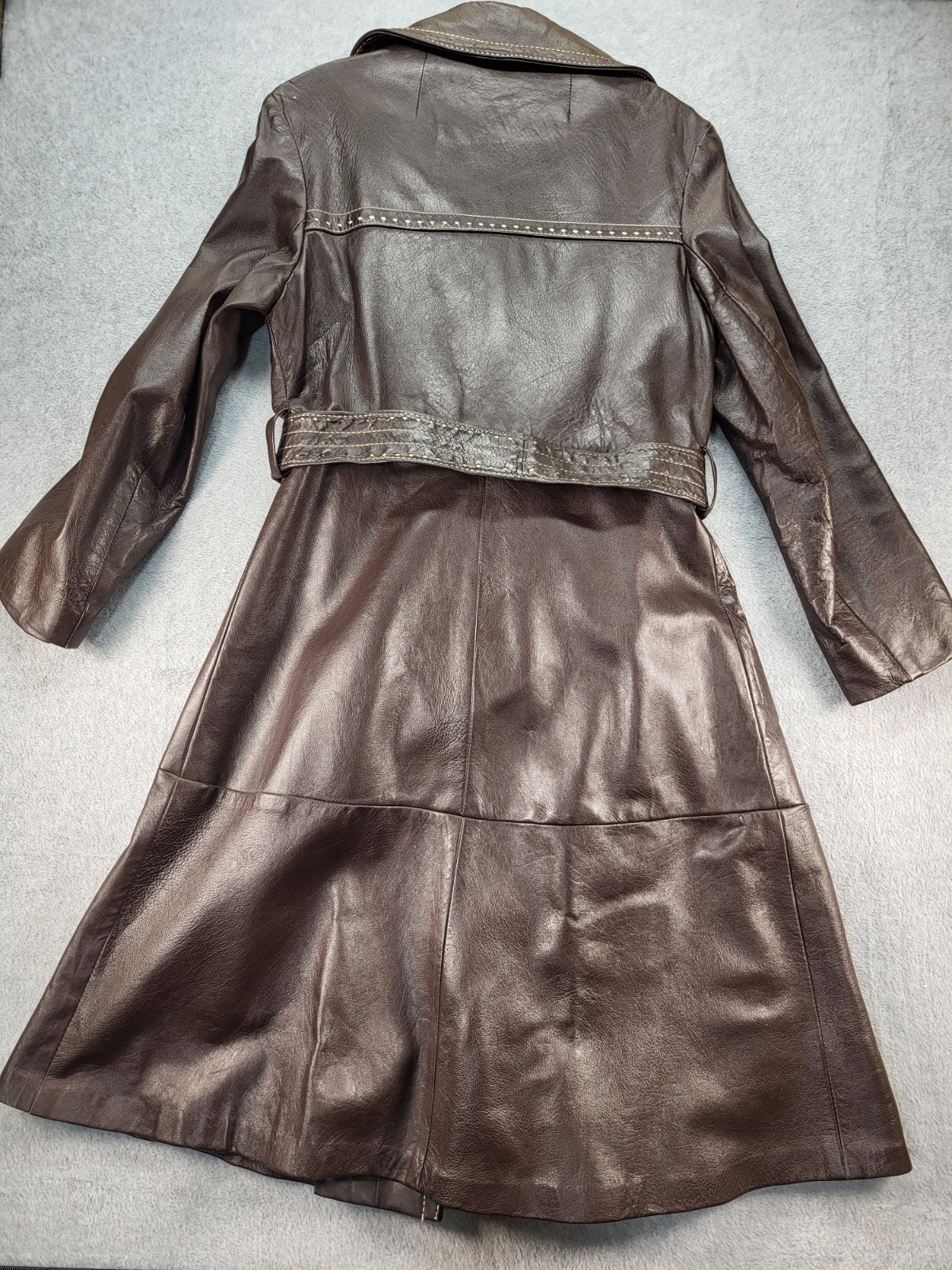 Dan Di Modes Belted Brown Leather Trench No Size Tag Distressed Spots Vintage