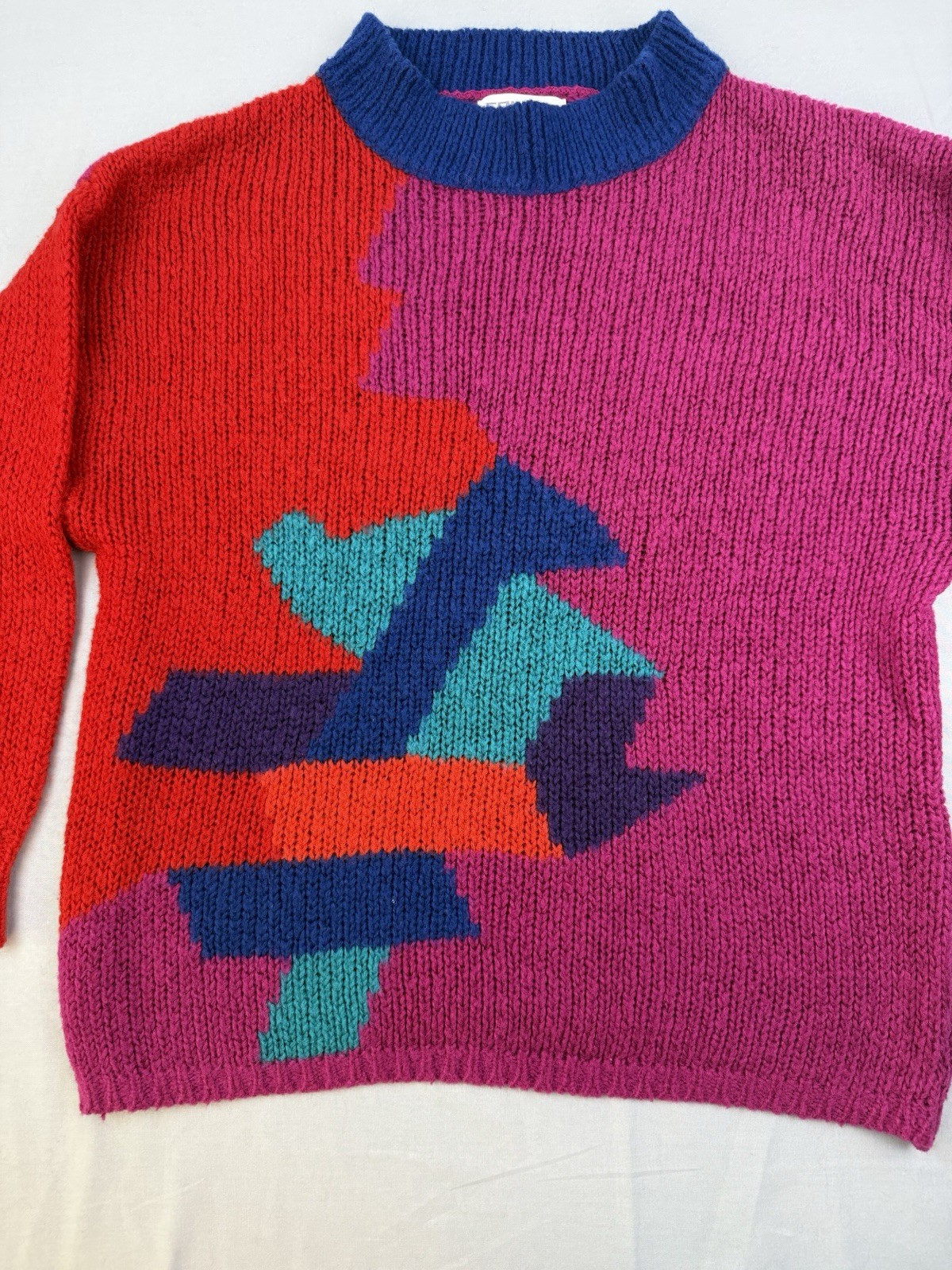 Vintage 80s Colorblock Sweater Medium Bold Abstract Retro Knit