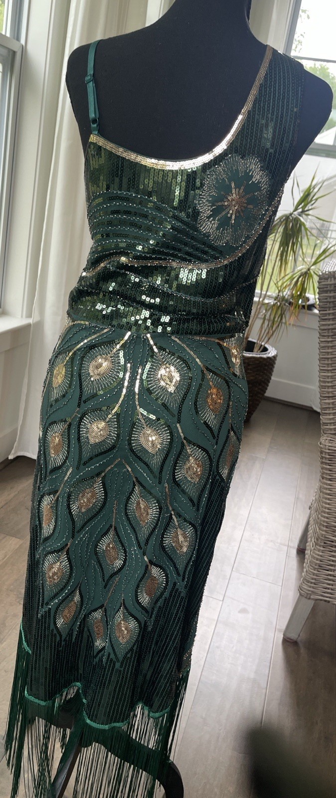 1920s Gatsby Flapper Dress Green Sequin Fringe Beaded Art Deco Evening