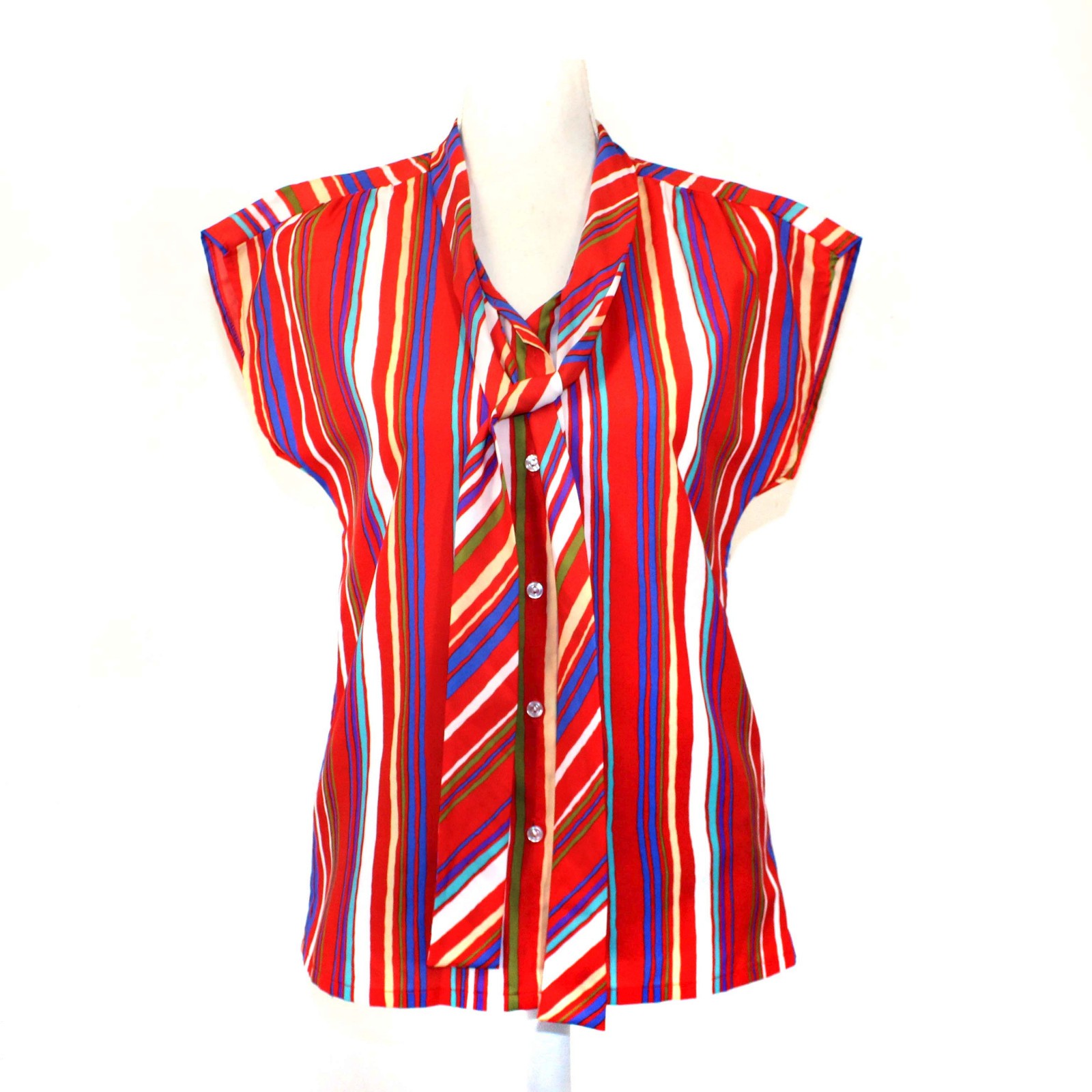 Vintage Judy Bond Tie Neck Secretary Blouse Multi Color Striped 12 Button Up