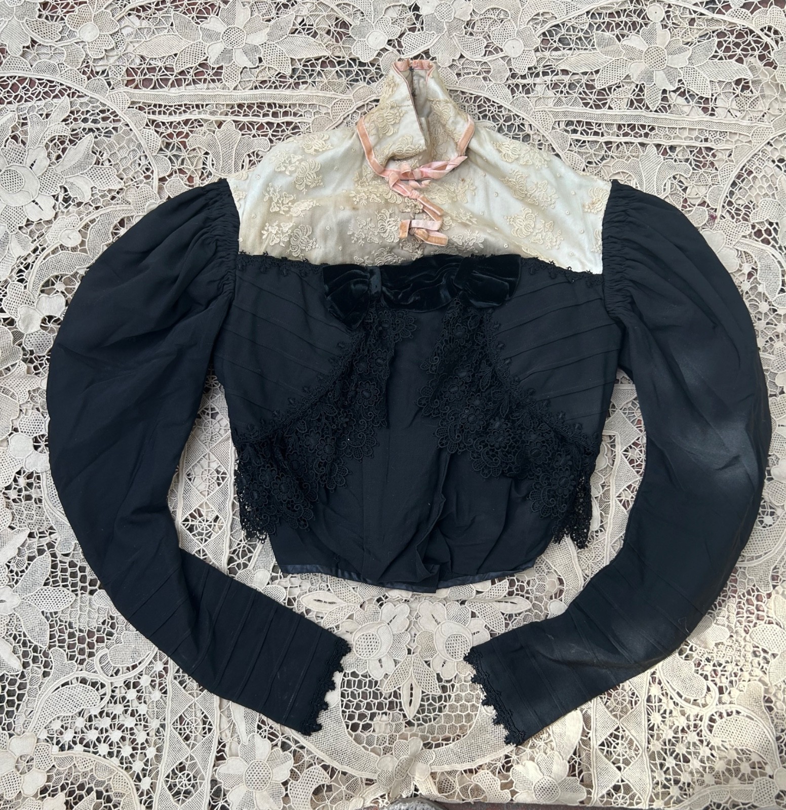 Antique Edwardian Black Lace Bodice Dress PRISTINE XXS Victorian Shirt Waist