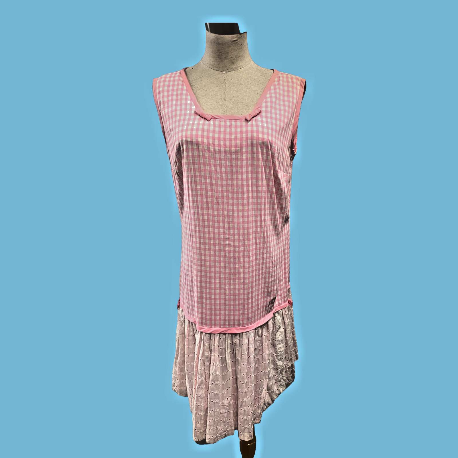 Vintage Pink Gingham Check Drop Waist Dress W/ White Cotton Eyelet Skirt M