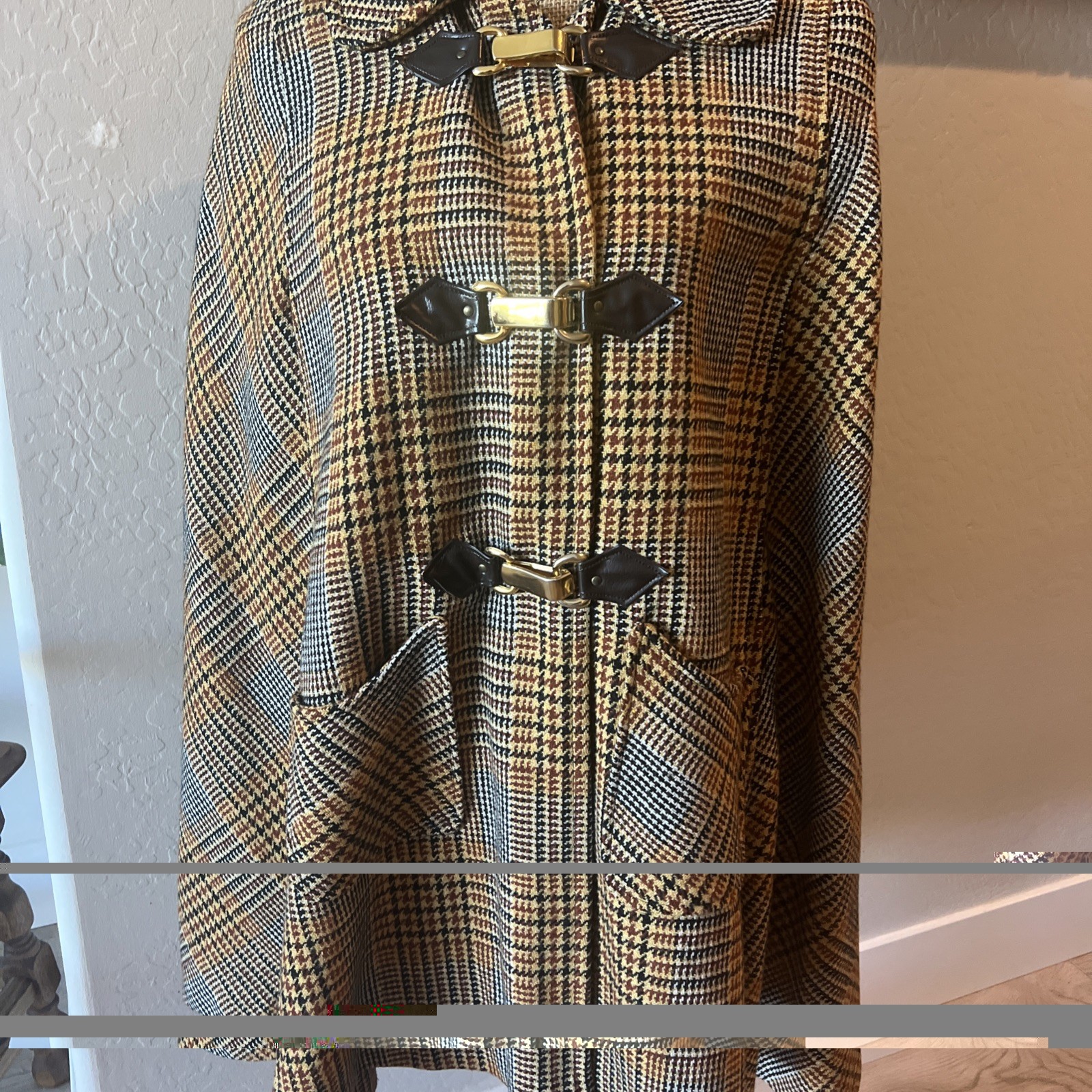 Vintage 1960s Wool Cape With Houndstooth Pattern and leather tab toggle…