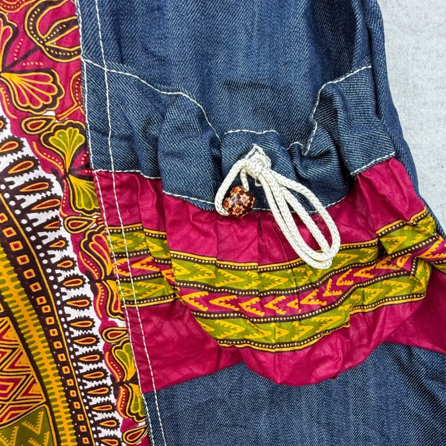 Denim Patchwork Dress Tribal Print Zip Front Pockets homemade boho artisan RARE
