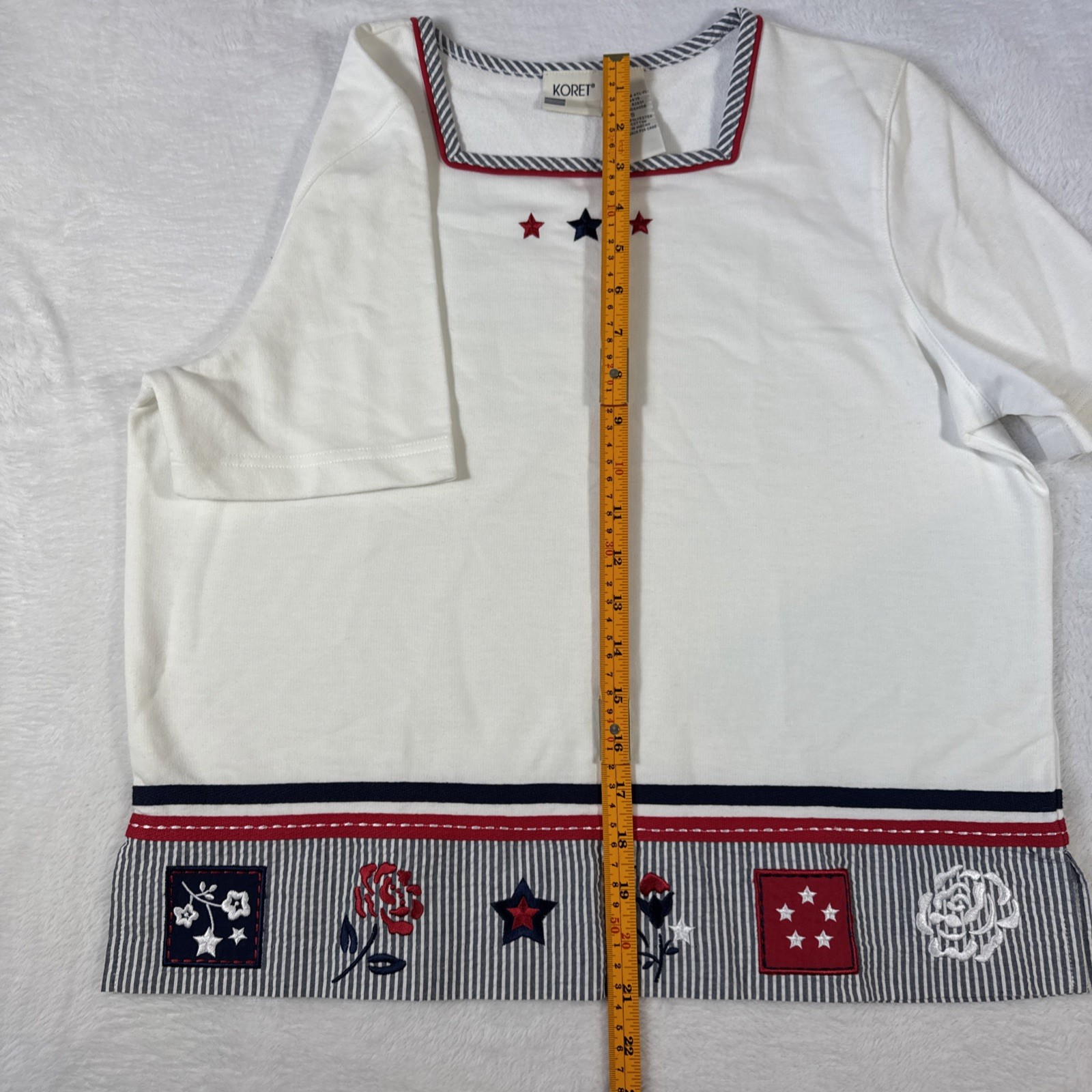 1990s Koret Poly-Cotton Short Sleeve Red White Blue Embroidery Short Sleeve Medu