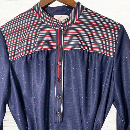 Lady Carol New York Shirtwaist Dress Belted Navy Red White Vintage Secretary 70s