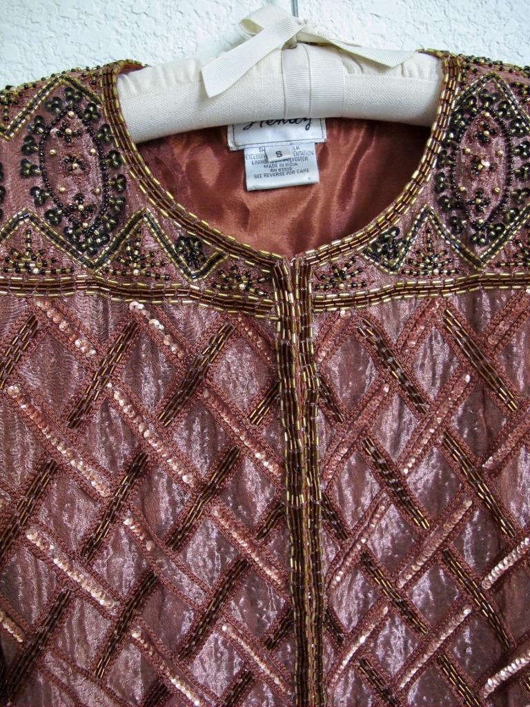 Vintage 80s Stenay Copper Brown Silk Trophy Sequin & Bead Jacket S Glam Party