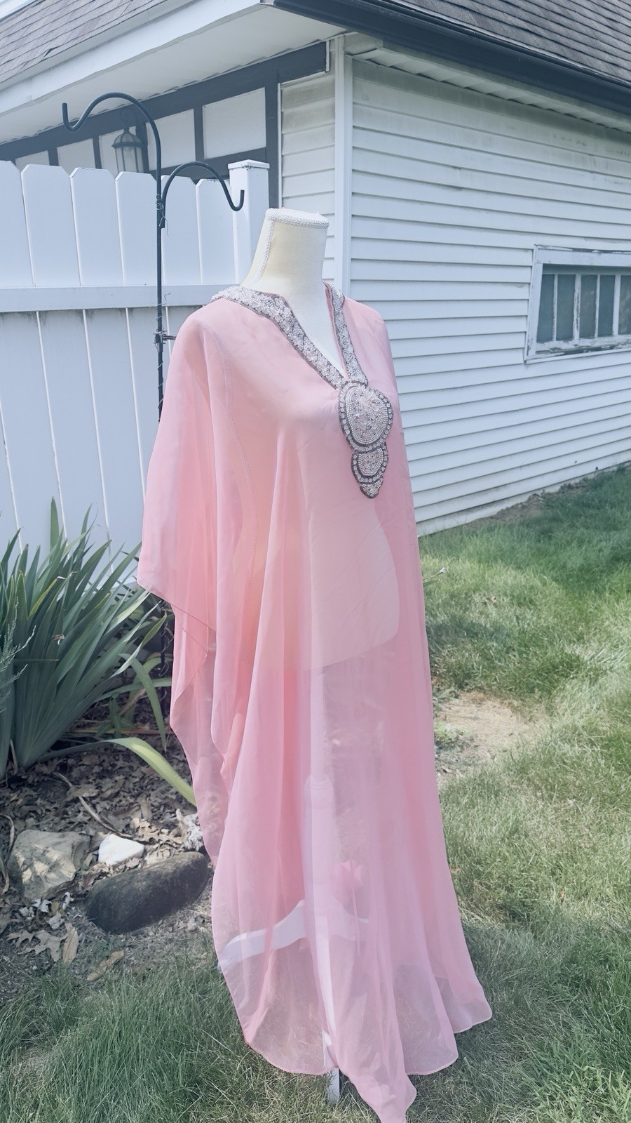 Vintage Hand-Beaded Chiffon Caftan | Blush Pink | 52” Length | 1960’s Glam