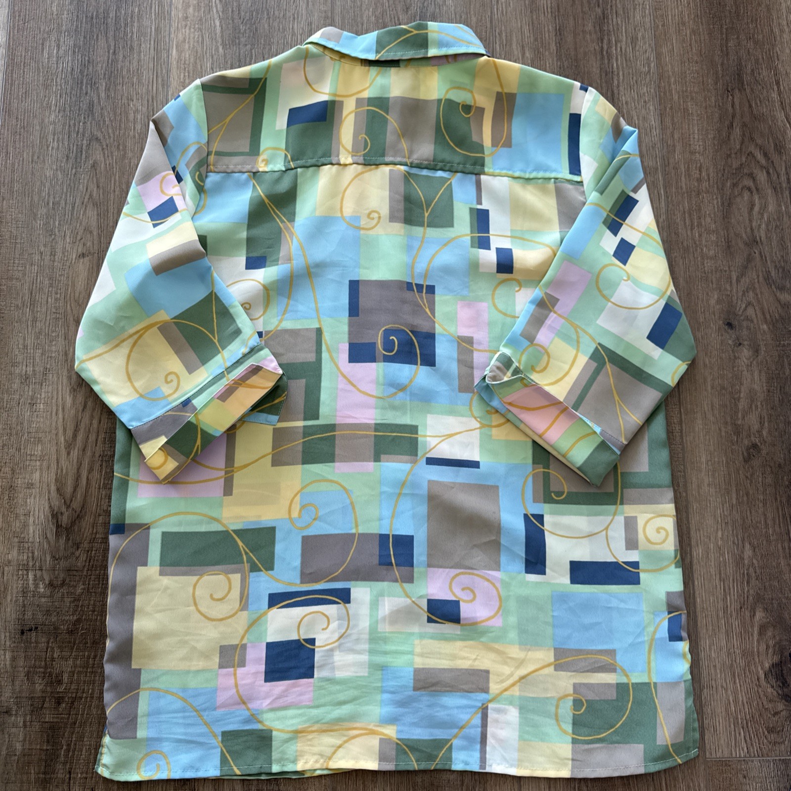 Vintage National Button Down Blouse Sz L Geometric Abstract 3/4 Sleeve Top D8