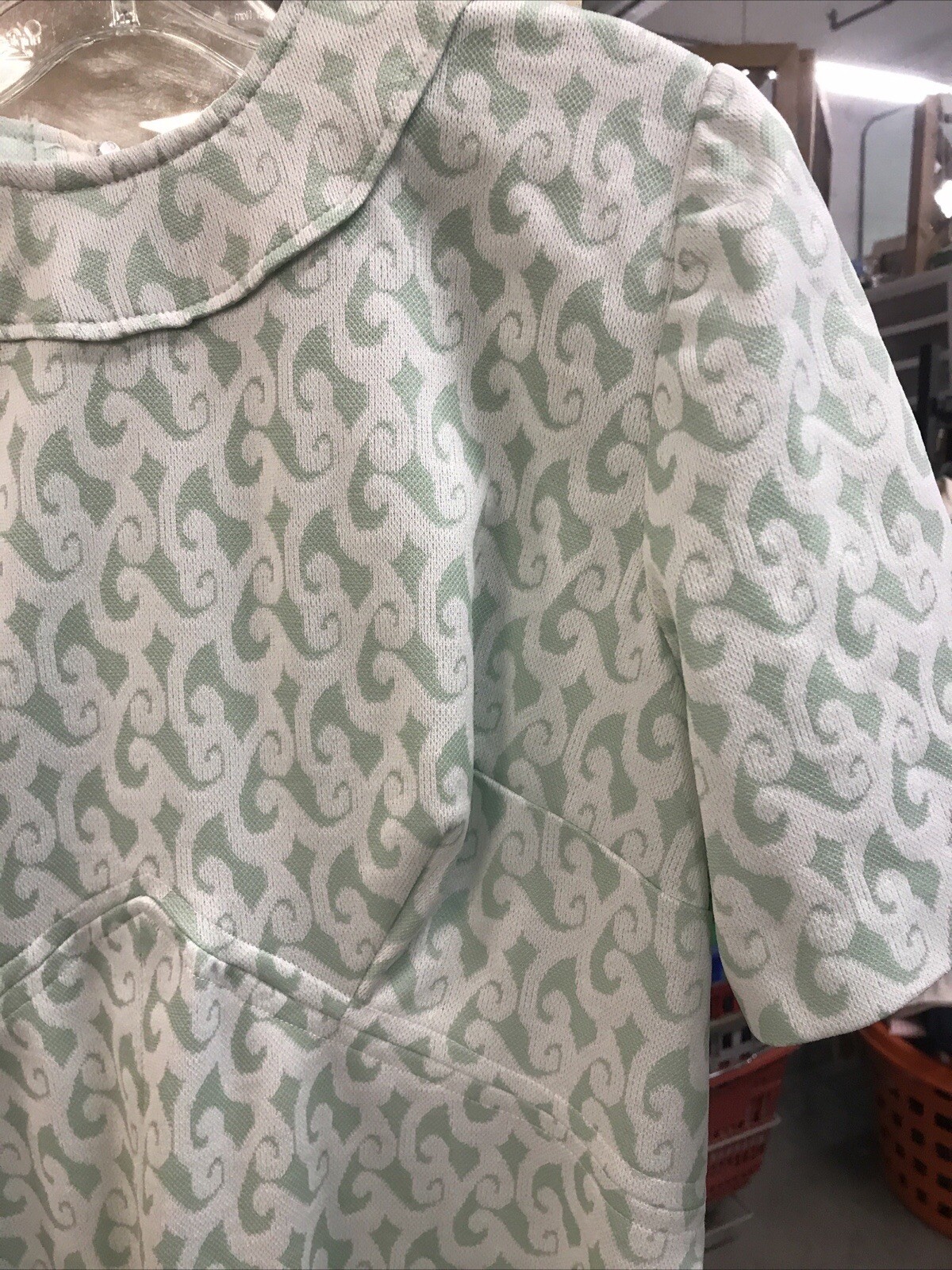 Vintage 70s Shift Dress Double Knit Poly Handmade Green White Geometric Sz M