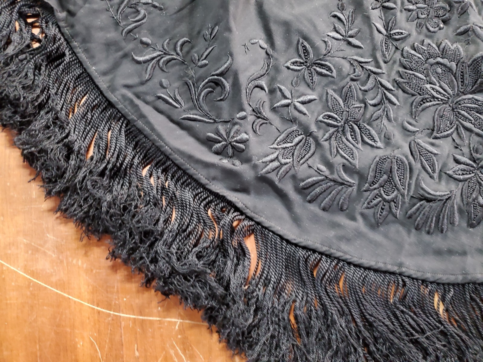 Antique Victorian Mourning Shawl Cape, Embroidered Black with Fringe, Lined