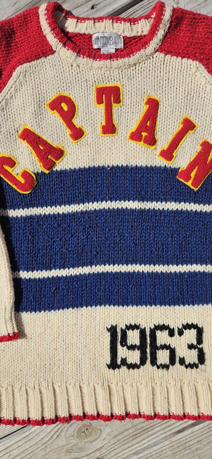Vintage UNIONBAY Pullover Crew Neck Sweater Captain 1963 Red Blue Cream Size S