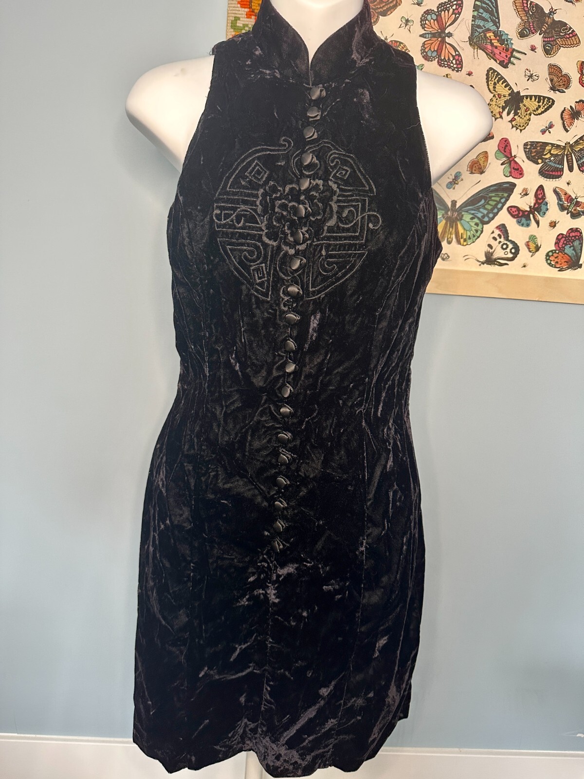 L.A. Glo Velvet Mini Dress, Asian Inspired Symbol, Vintage Dress, 1990s 1980s
