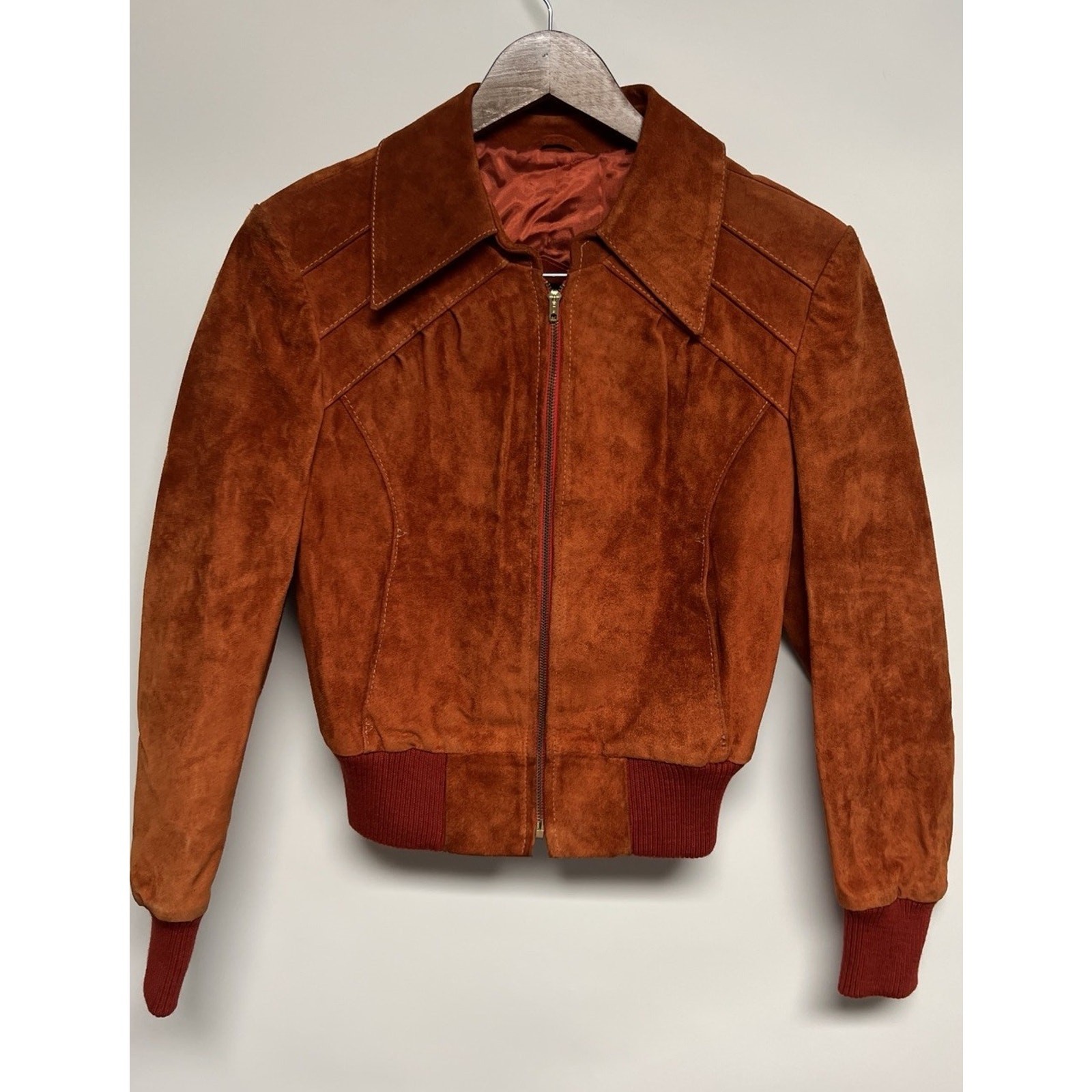 Vintage 1970&rsquo;s Rust Orange Suede Bomber Jacket Womens Small Leather Groovy 70s