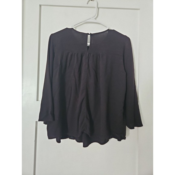 Old Navy Black Lace Trim Boho Blouse Large Rayon Bell Sleeve Peasant Top