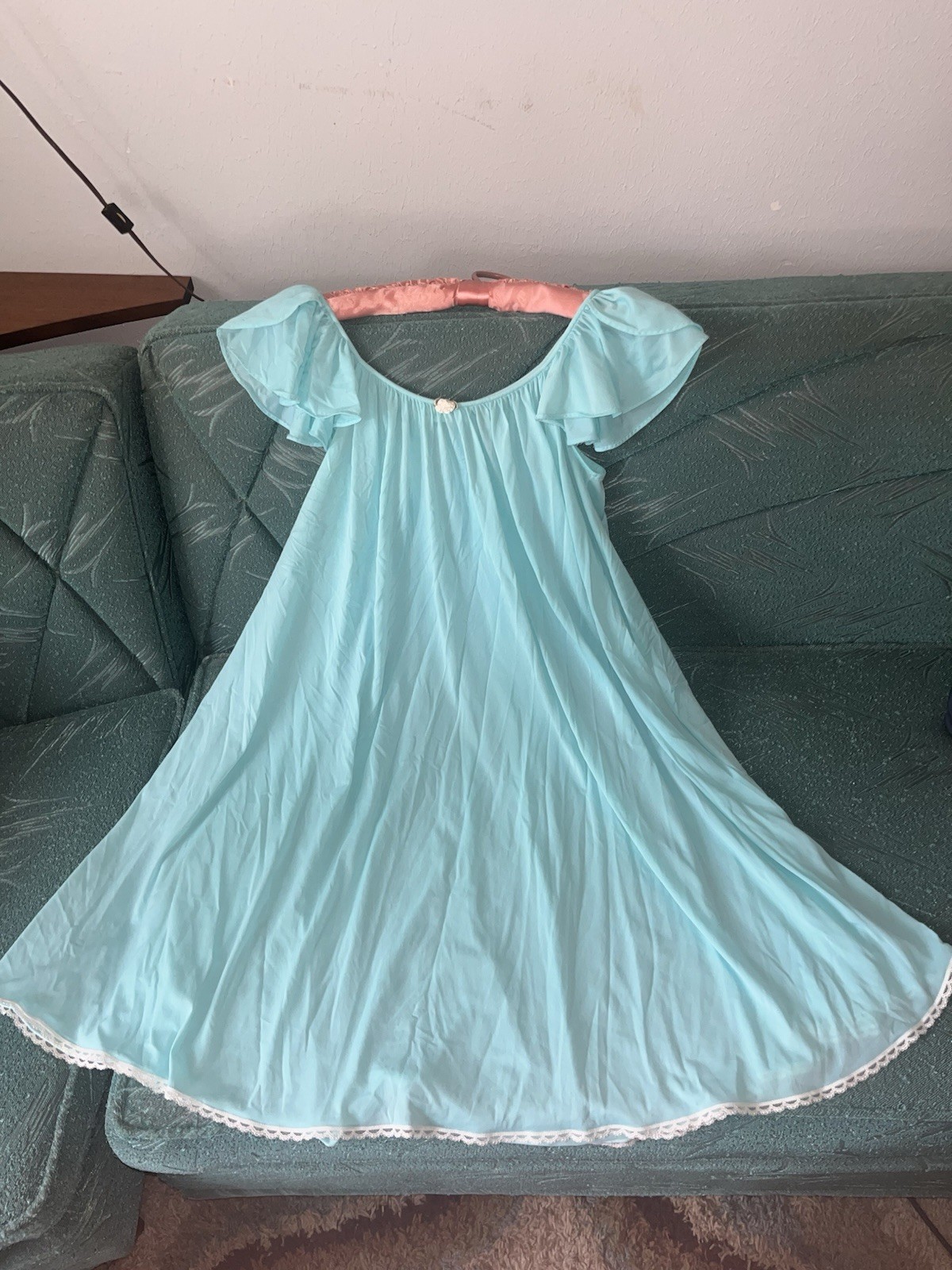 Vtg Miss Elaine Aqua Blue Nightgown Small Flutter Sleeve Babydoll White Lace