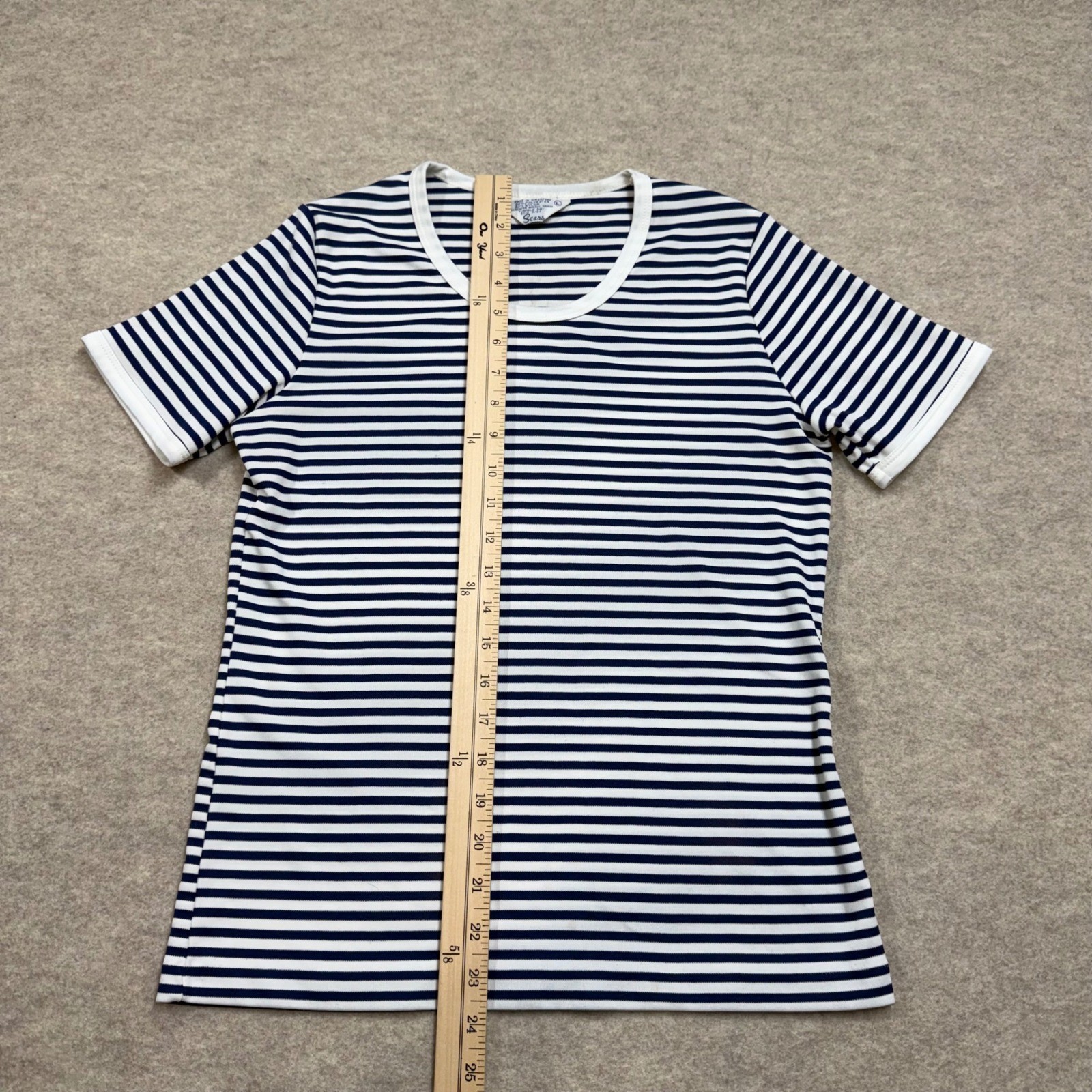 Sears Vintage 70s Striped Short Sleeve T-Shirt Navy White Womens Large