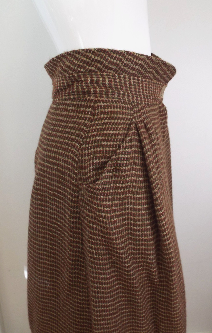 Vintage Giorgio Armani Brown Plaid Wool Blend Maxi Skirt 44 Fold Down Waist