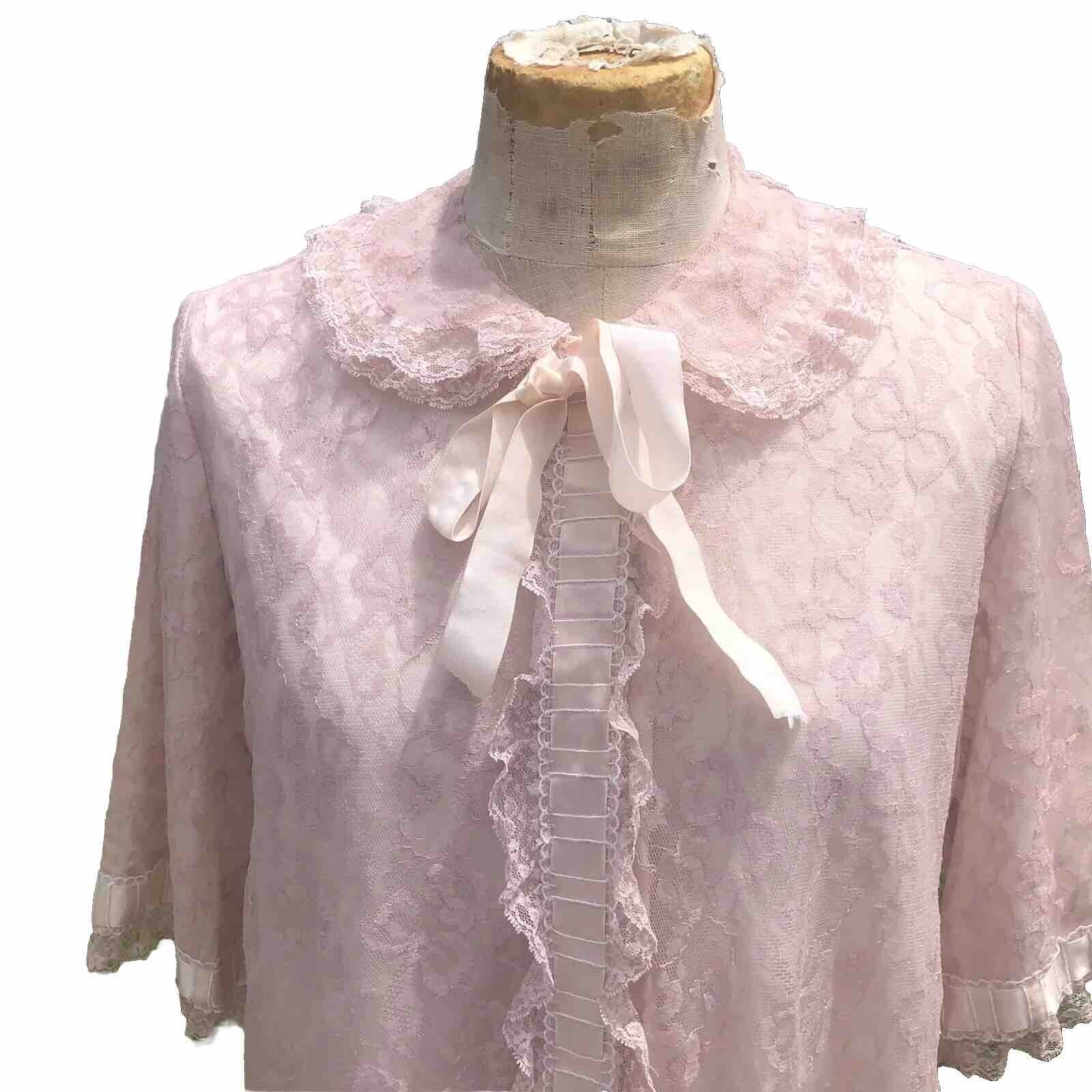 Vintage Robe Lace Odette Barsa Pink Ribbon Bed Coat Duster