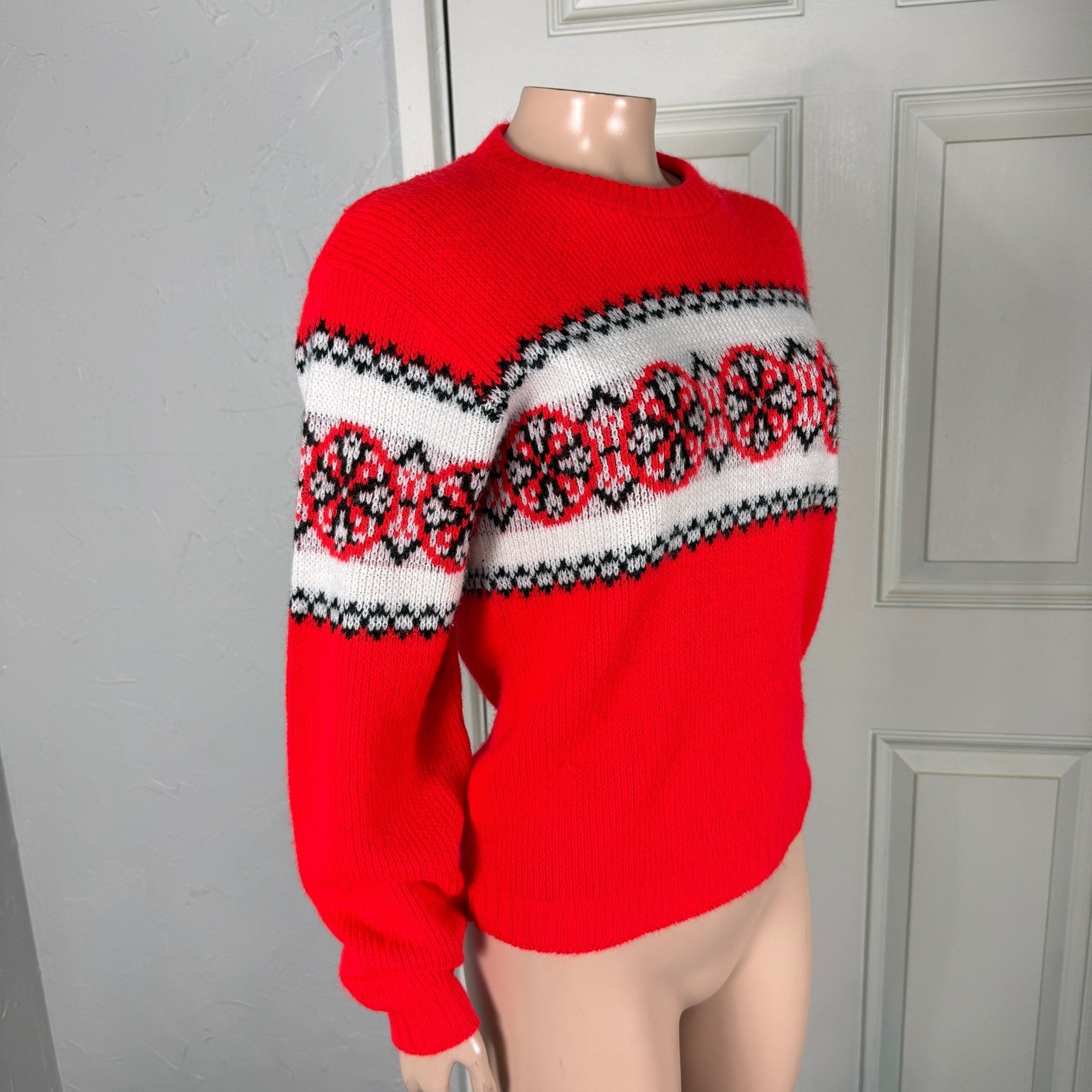 70s 80s Womens Sweater S Pullover Acrylic Printed Geometric Crew neck Knit E3-21