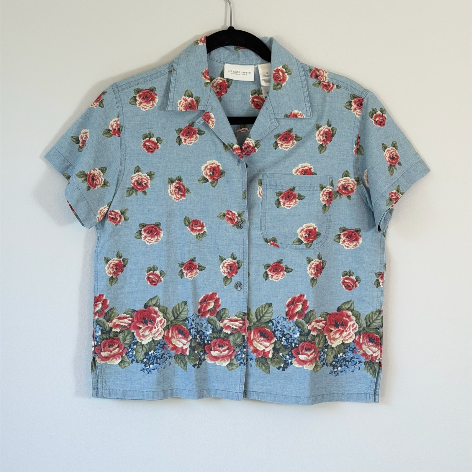 Vtg 90s Shirt Chambray Button Up Floral Cottagecore Roses Blue Cotton S/M
