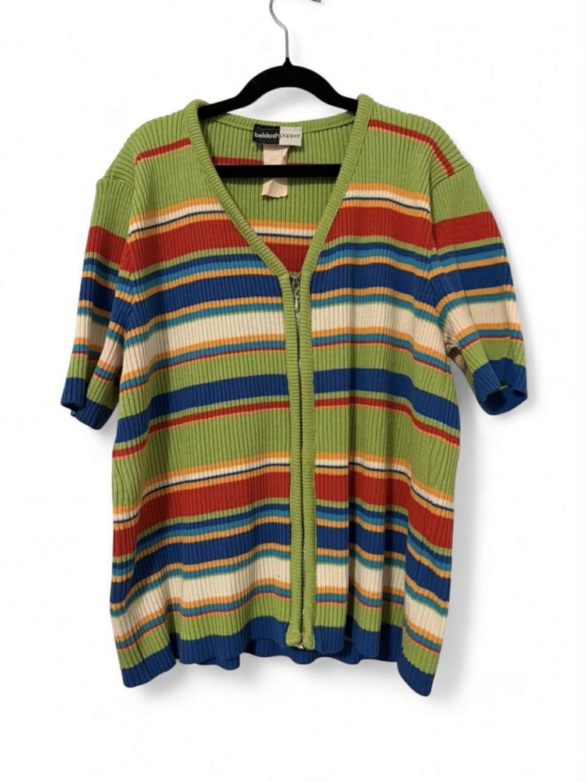 Y2k Vintage Beldoch Popper Multicoloured Short Sleeve Striped Zip Up Sweater