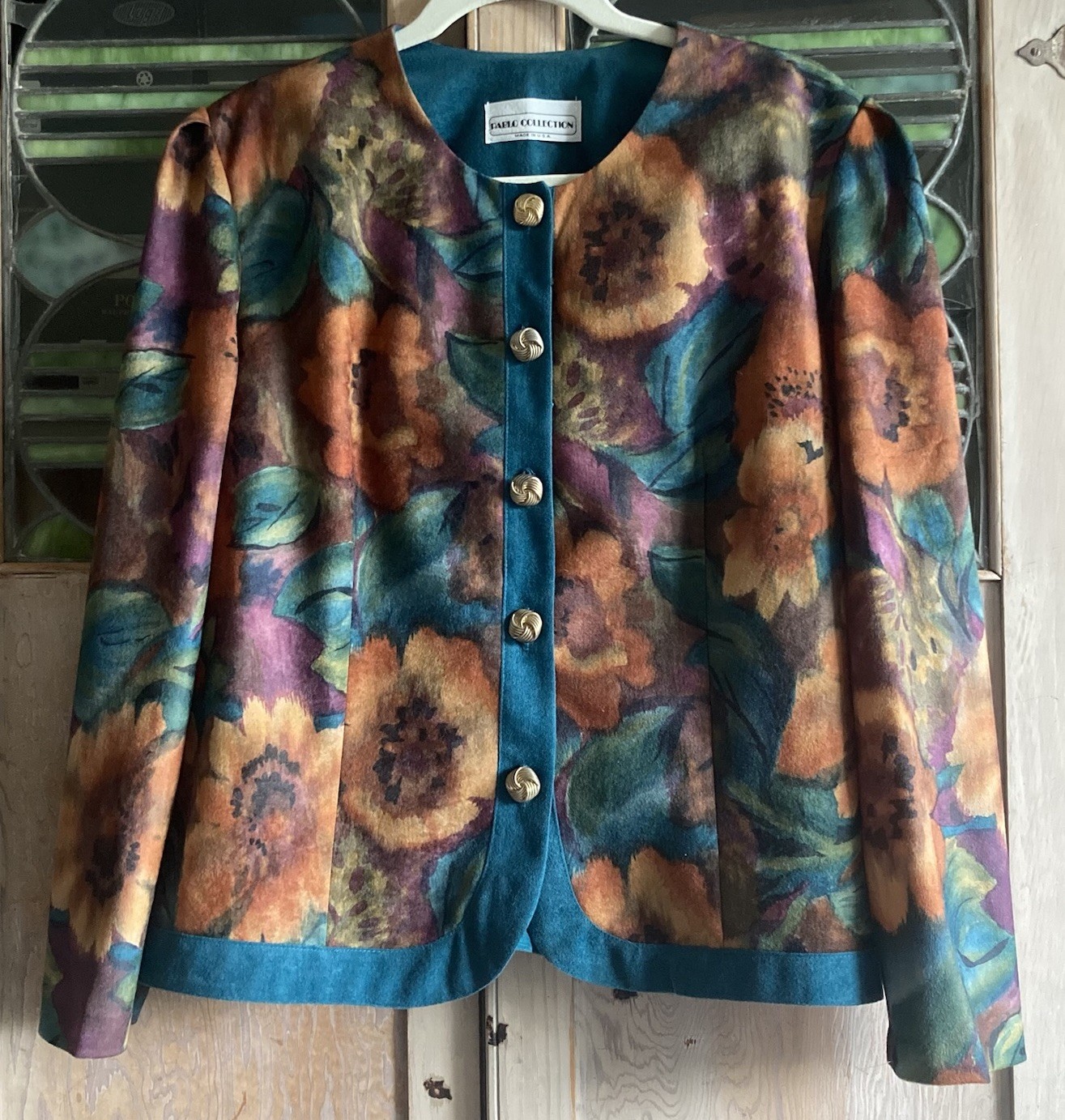 Vintage Faux Suede Blazer Jacket Gold Buttons Whimsi Botanical Flowers Sz 14