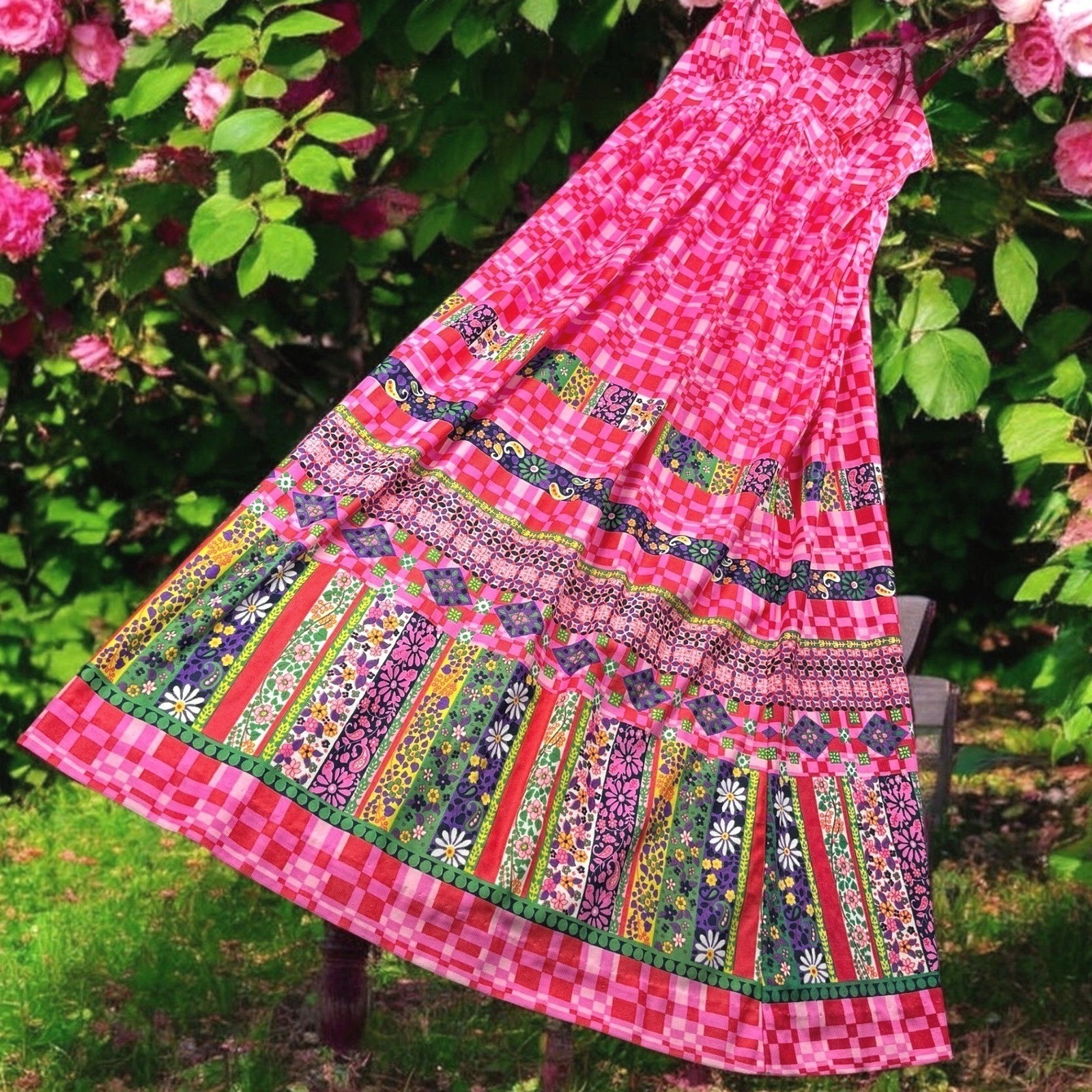 Vintage Maxi Dress Womens M Pink Geometric Floral Patchwork Boho Hippie Summer