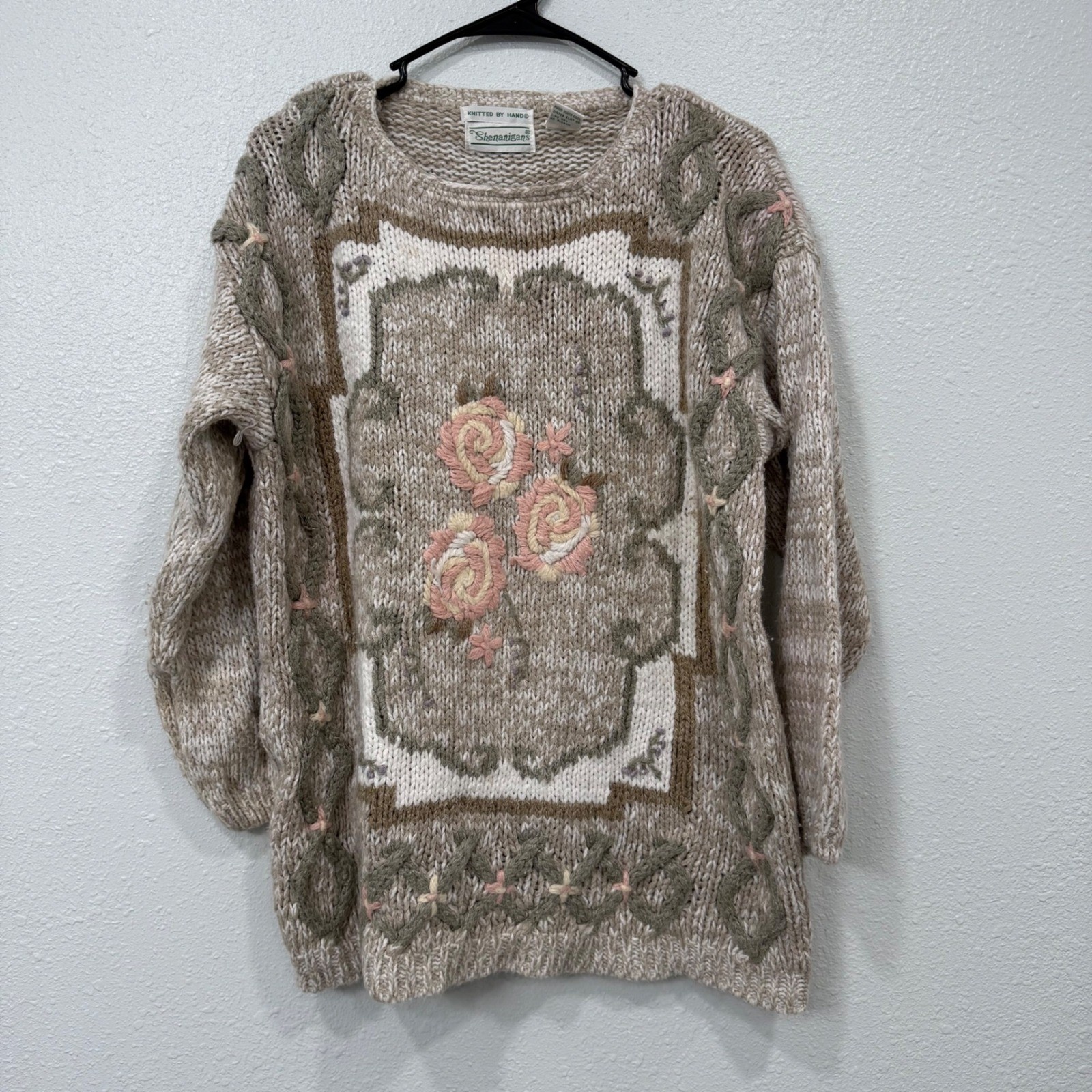 Shenanigans Vintage Hand Knitted Floral Sweater Beige Ramie Blend Cottagecore M