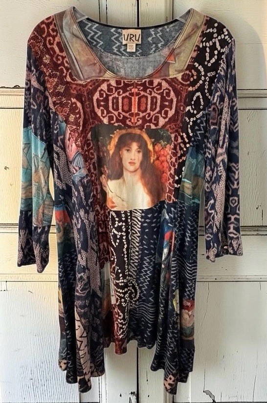 URU 100% Silk Art Print Tunic Top Women’s Size 3 Boho 3/4 Sleeve