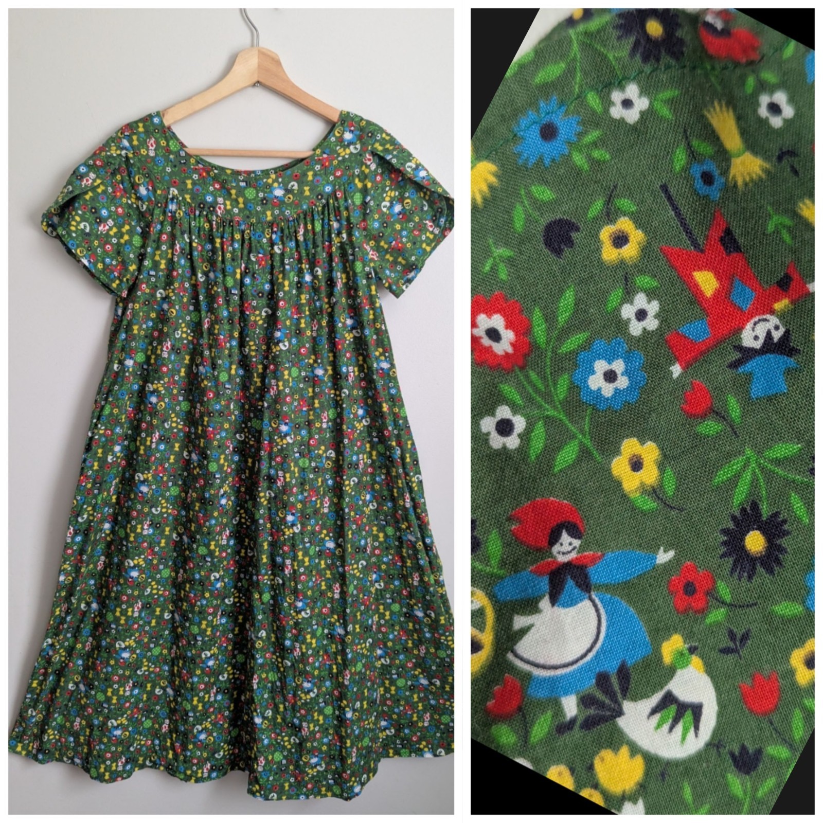 Vtg 60s Novelty Print House Dress Muumuu CHARMING Fabric Retro Farm S Pristine