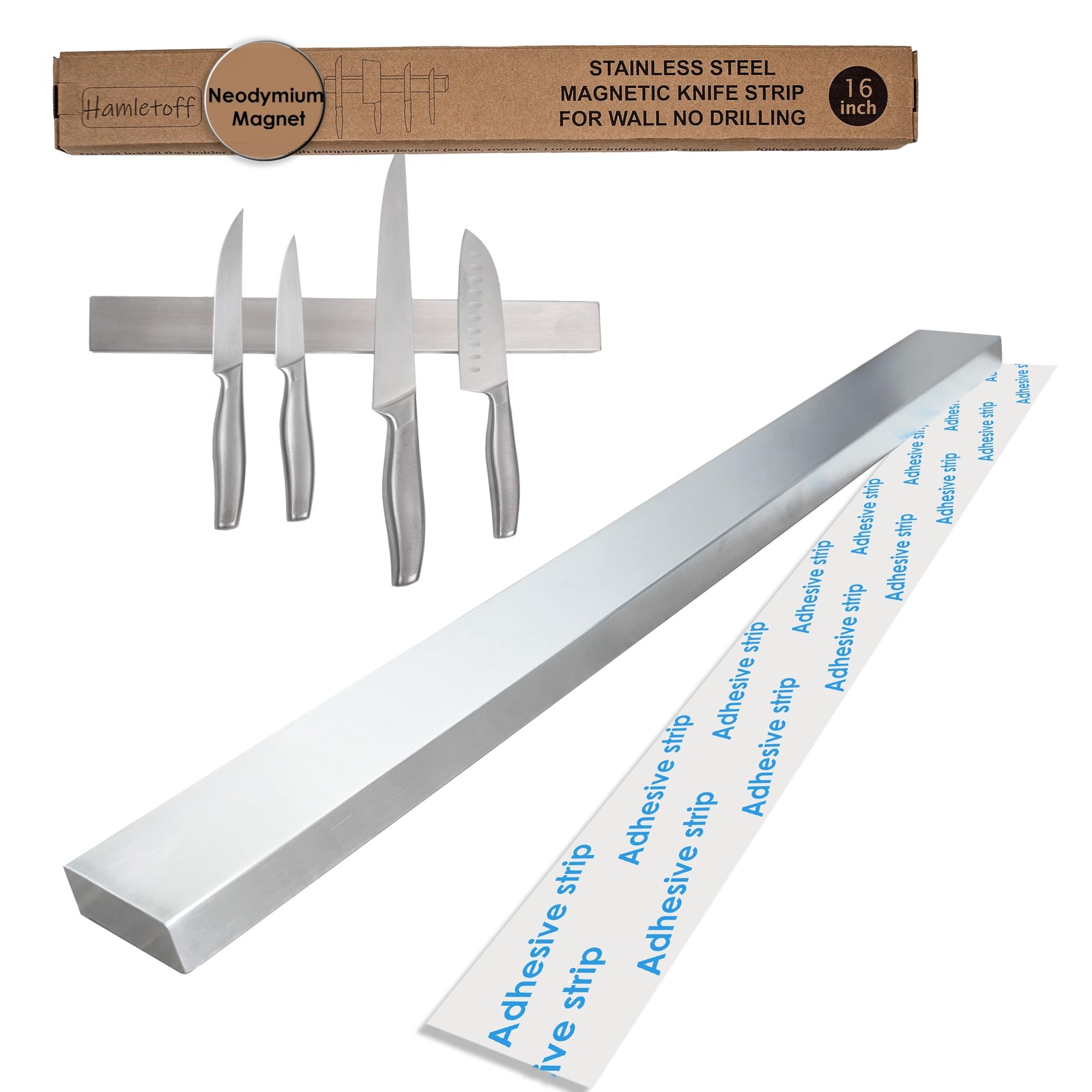 Hamletoff 16&Prime; Stainless Magnetic Knife Strip for Wall, No Drilling, Strong Adhes