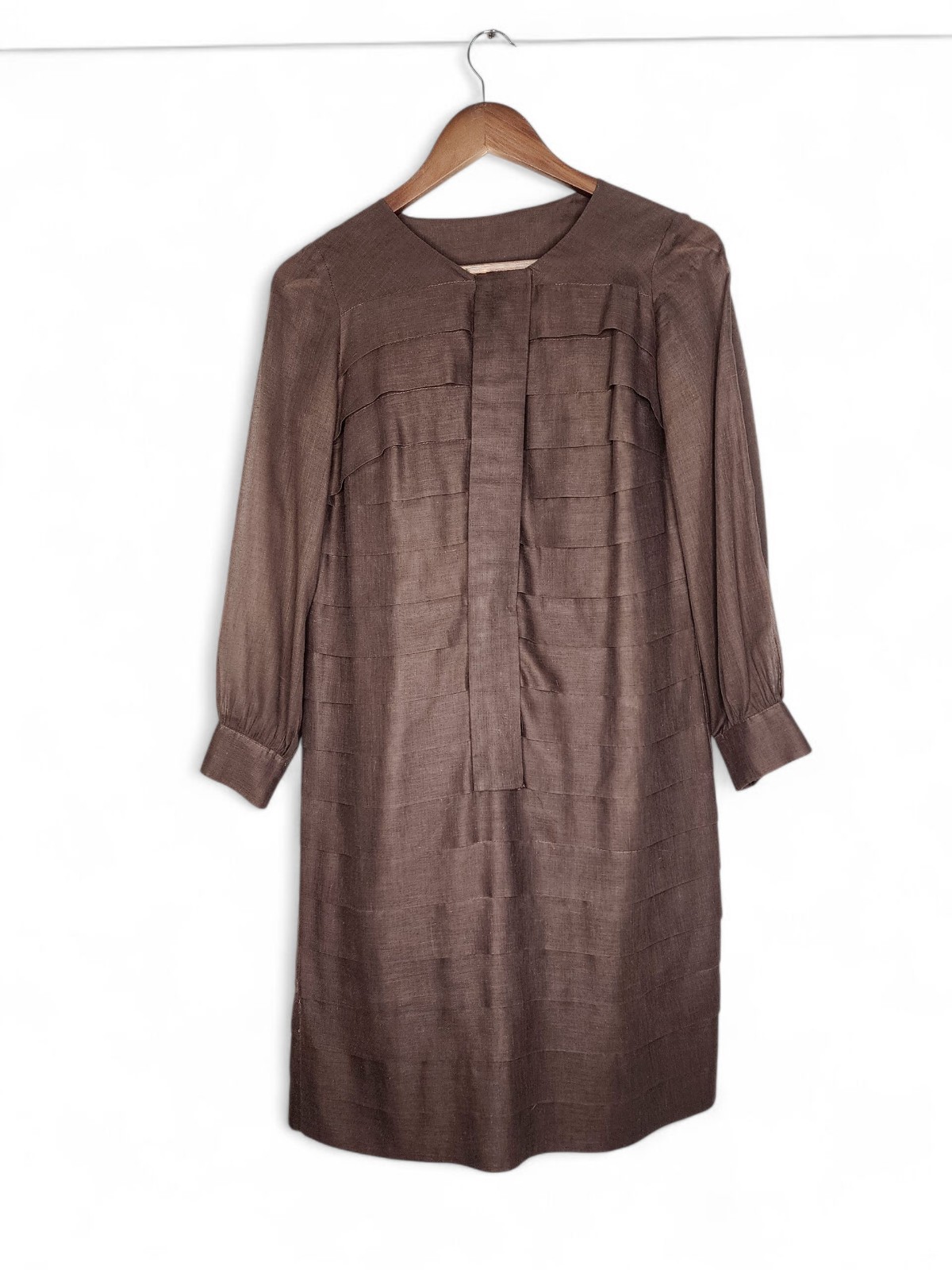 1960s Minimalist Pleated Brown Vintage Shift Dress