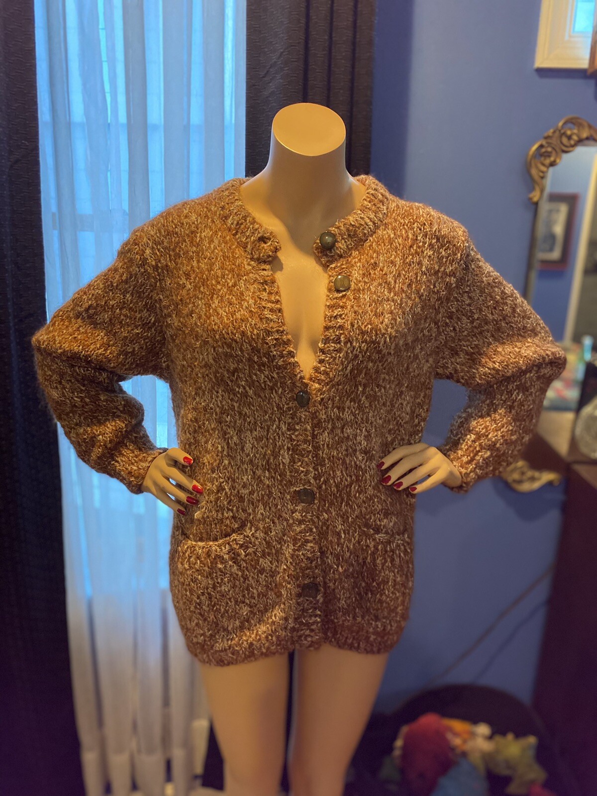 VINTAGE 50&rsquo;s Womens MOHAIR SWEATER Brown/White Marl with Copper Metalic Threads
