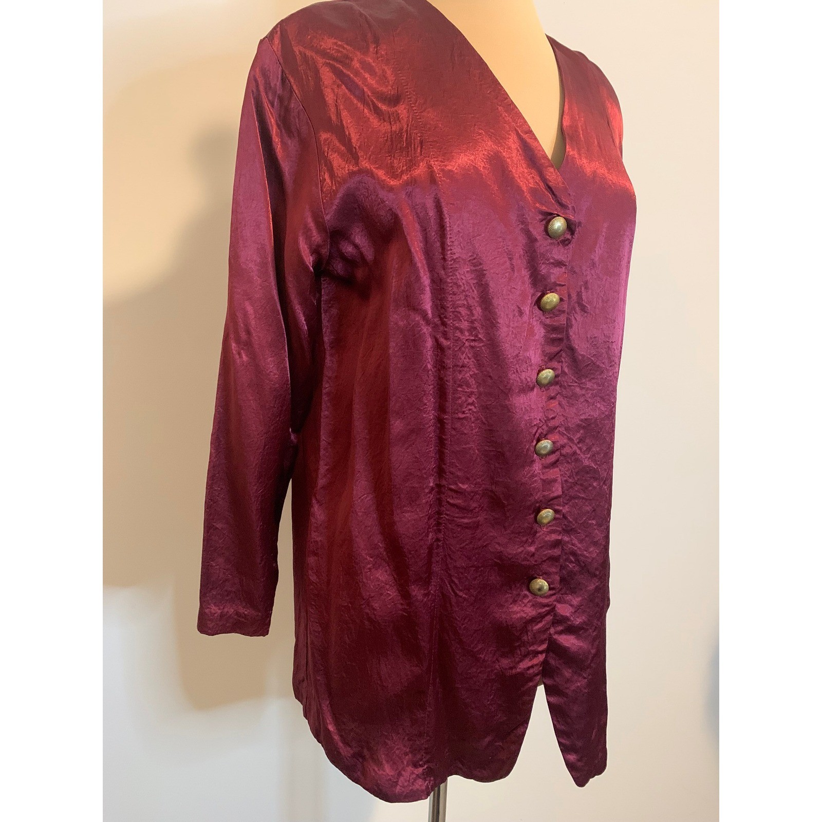 Vintage 80s Sequel Burgundy Button Front Tunic Top S/M