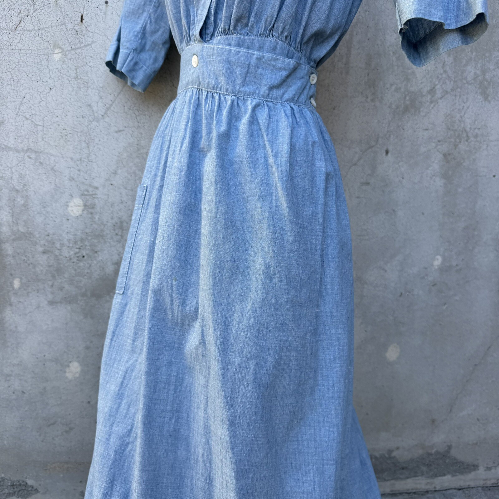 Antique Edwardian Blue Chambray Cotton Dress Workwear Prairie Maxi Vintage