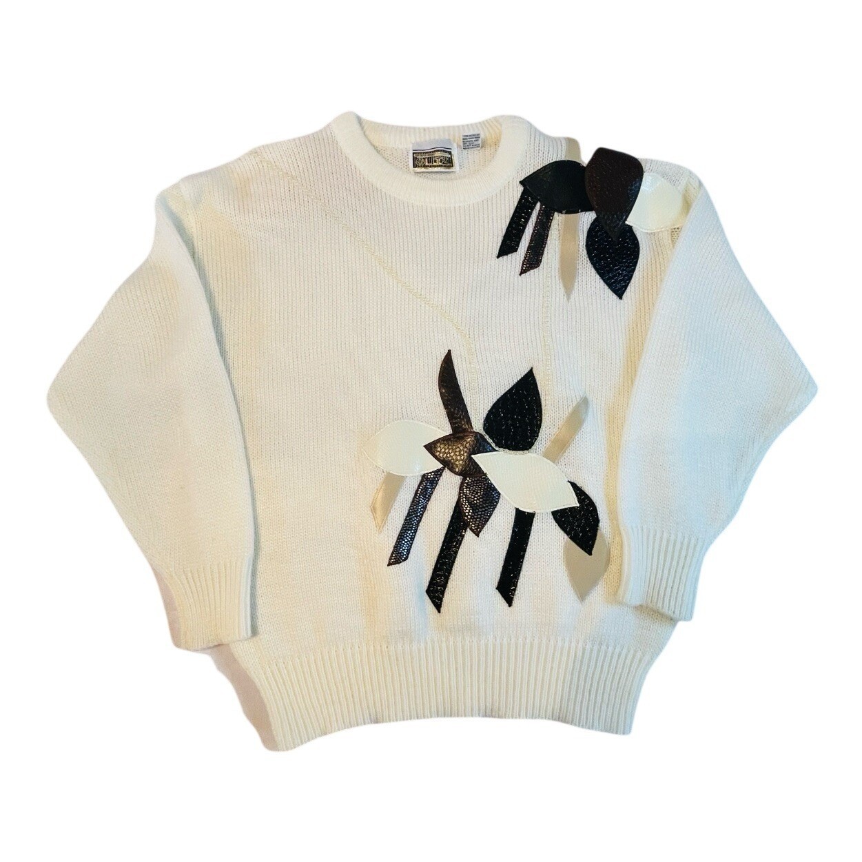 Anytime Glitz Vintage Knit Sweater Womens Medium Cream Faux Leather Applique 80s