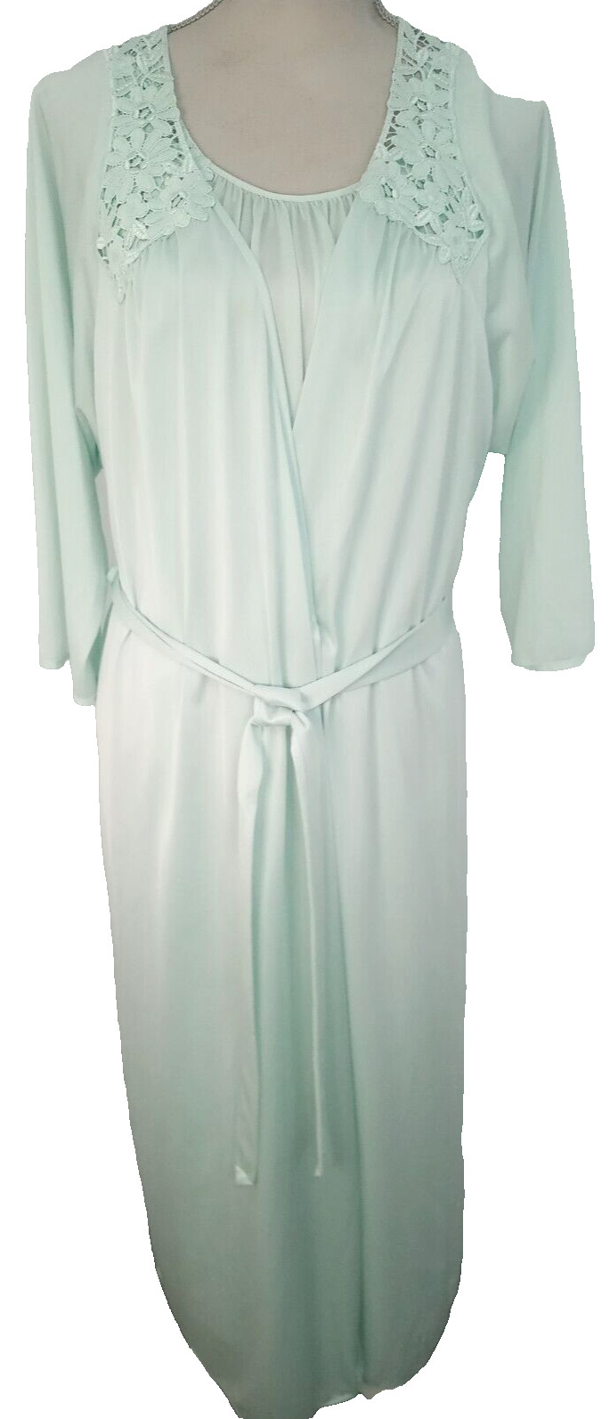 Vintage Shadowline Peignoir Set Nightgown & Robe M/L Long Green Lace Hollywood