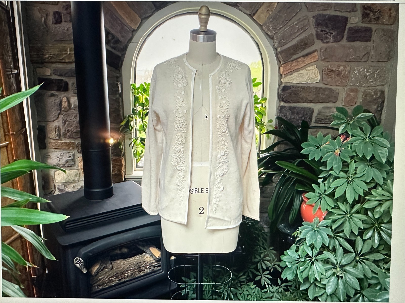 Vintage 1960s Ivory on Ivory Embroidered Lambswool and Angora Open Front Cardiga