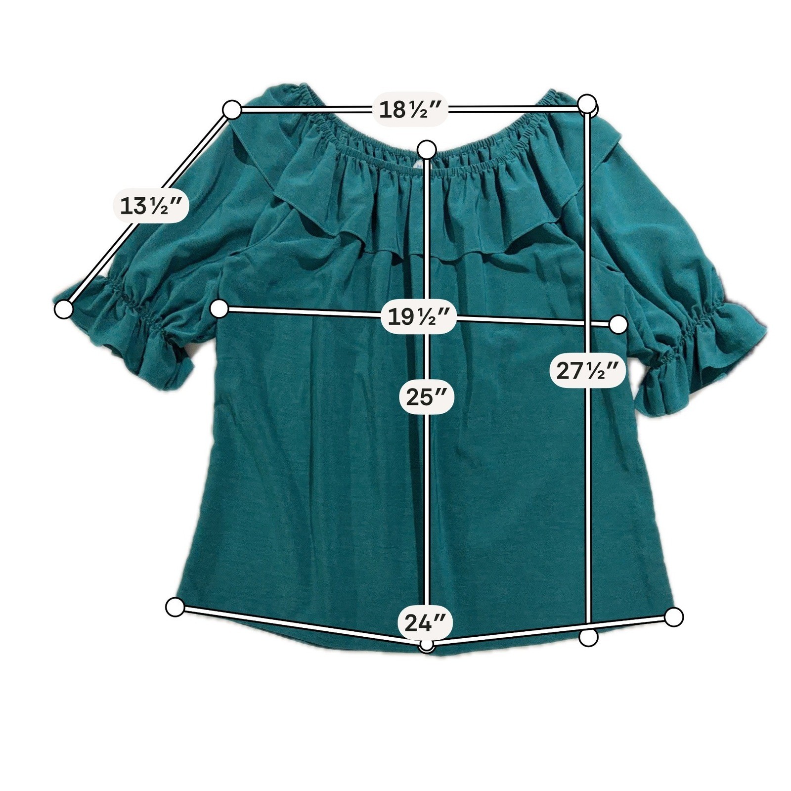 Vintage Malco Modes Teal Peasant Blouse Off Shoulder Ruffle Top USA L