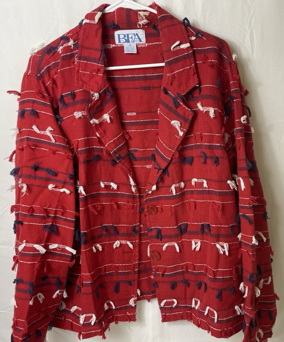 Vintage Women&rsquo;s BFA Classics Tassel Blazer Jacket 2X Patriotic Red White Blue