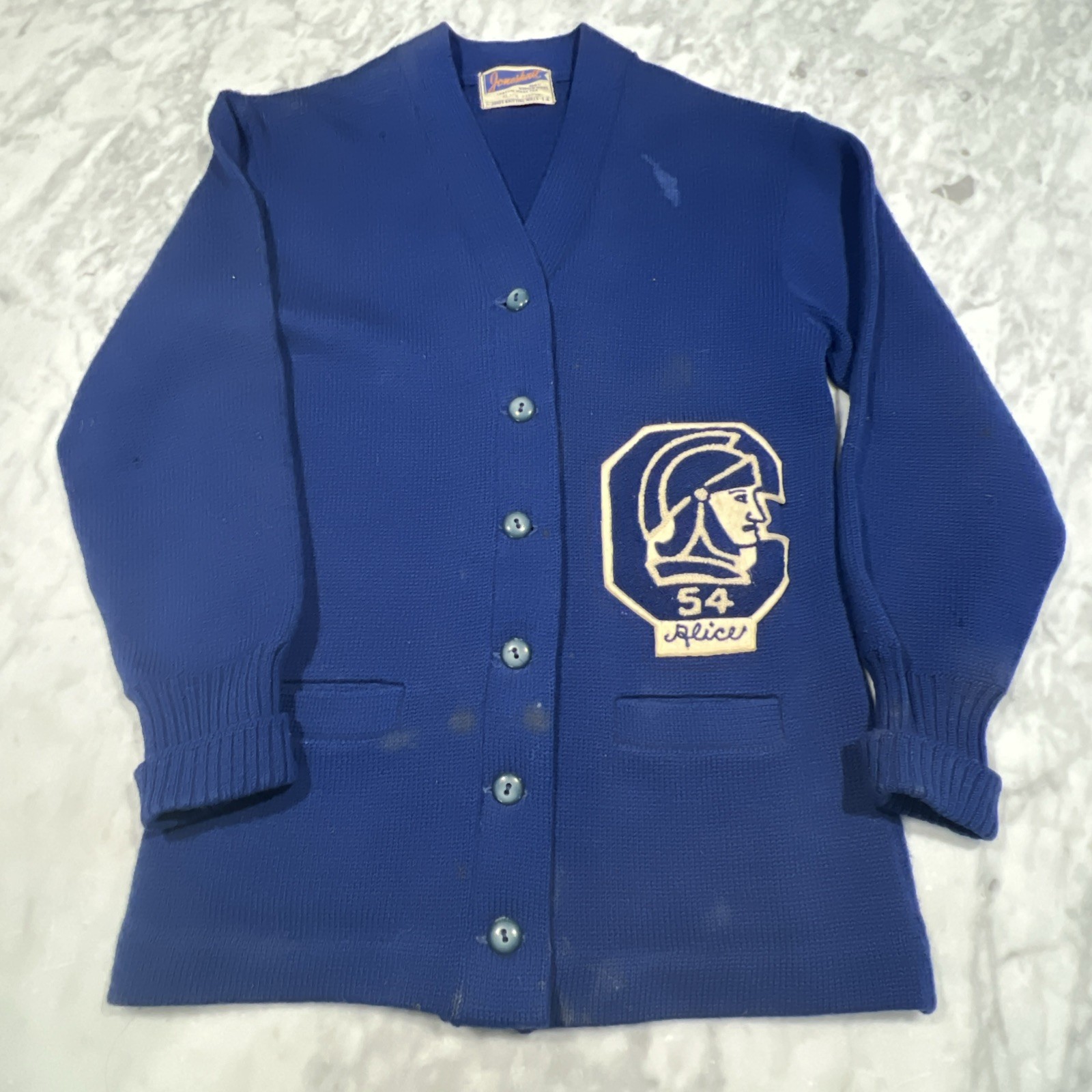 Vintage Jonesknit Varsity School Sweater Wool Women’s School Patch Stains Holes