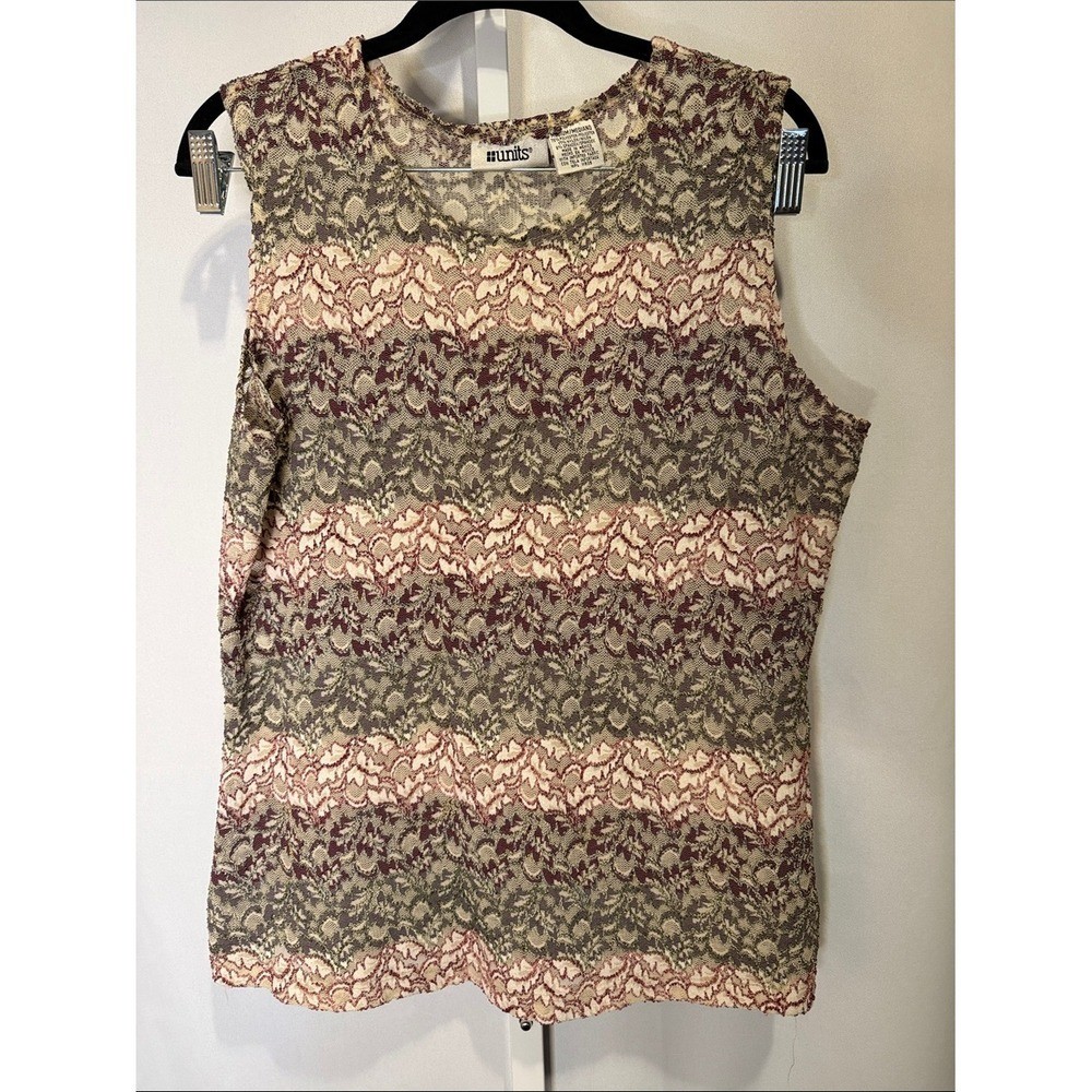 Units Vintage Womens Medium Lace Striped Sleeveless Tank Top Olive Burgundy 90s