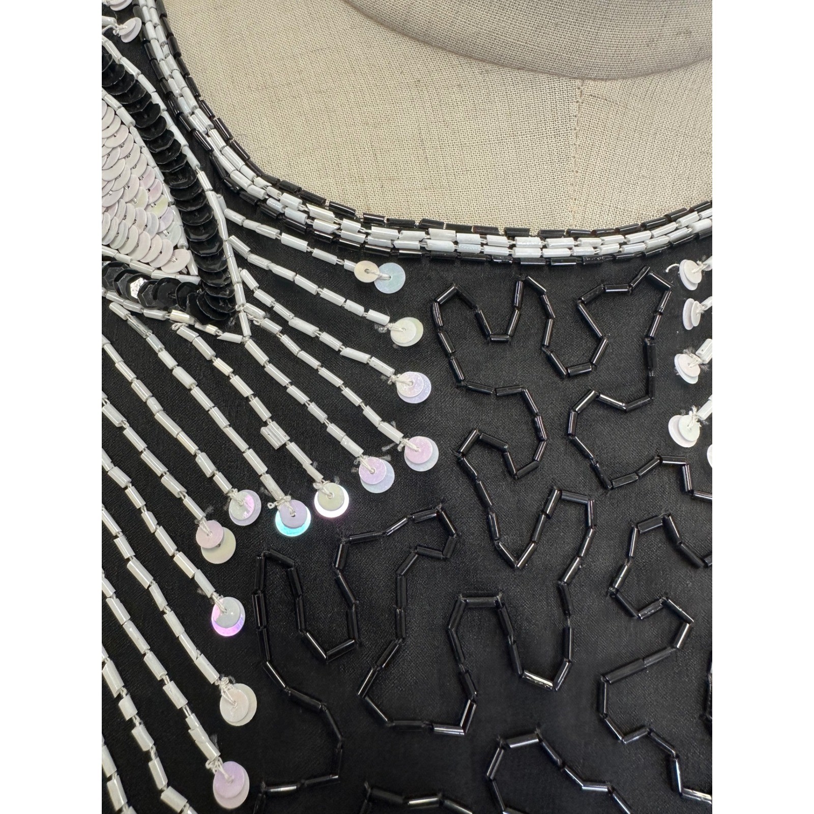 Stenay 100% Silk Beaded Sequin Black White Top Womens 14 Vintage Evening Blouse