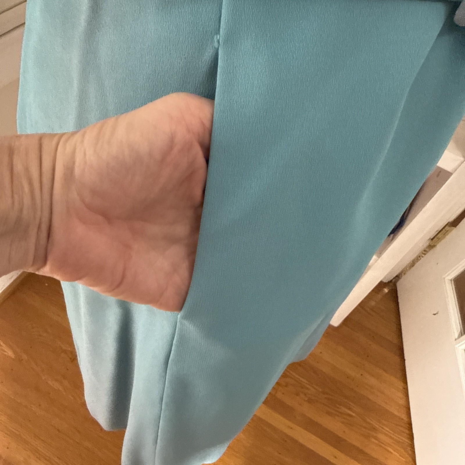 1960’s Vintage Blue Solid Dress Belted Pockets 35x30x37 Nice Condition Stretch