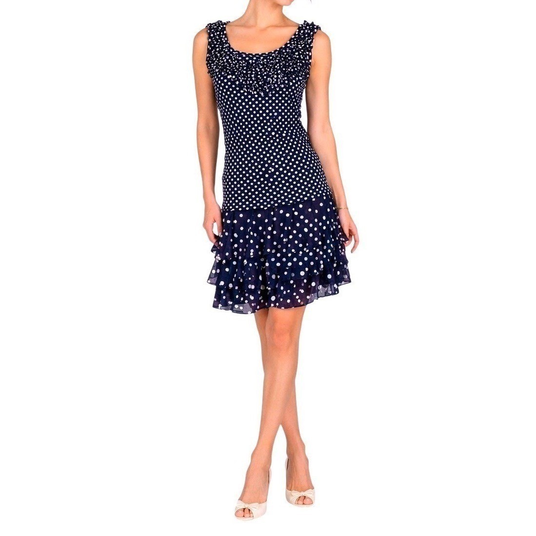 Vtg INC Polka Dot 2Pc Tank & Tiered Mini Skirt Navy Blue Ivory Ruffle Mesh S/M