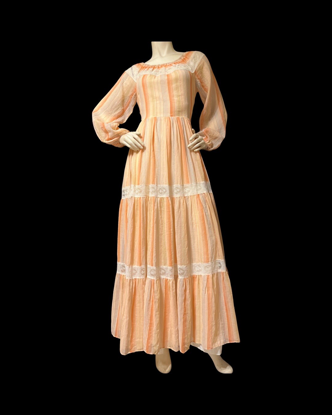 Vintage 70s This Is Yours San Francisco Dress Prairie Stripes Lace Insets Hippie