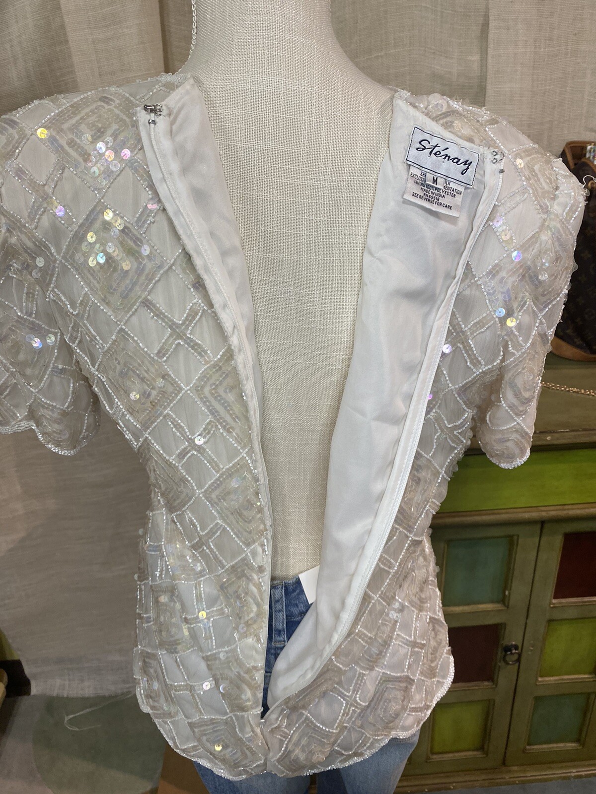 Vintage Stenay White 80’s Sequin Top Holiday Party Diamond Pattern Christmas M